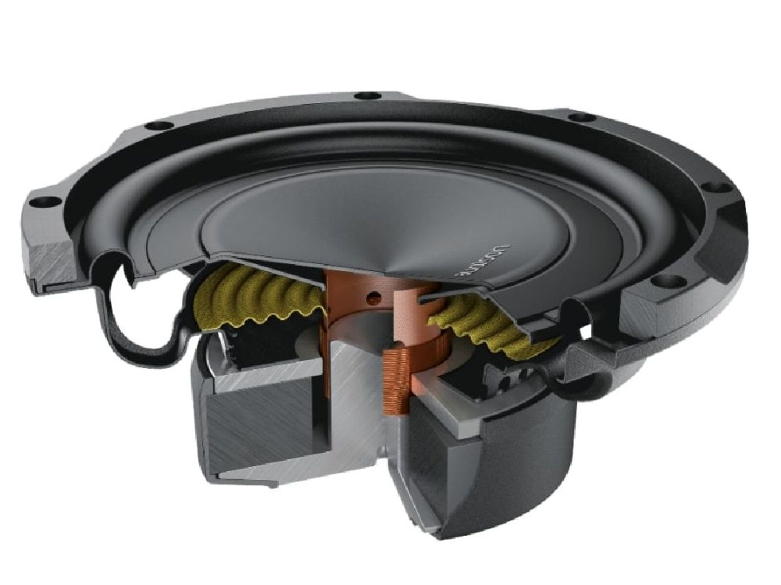 Schnittansicht eines schwarzen Subwoofers mit Innenkomponenten, einschließlich Konus, Magneten und Spulen.