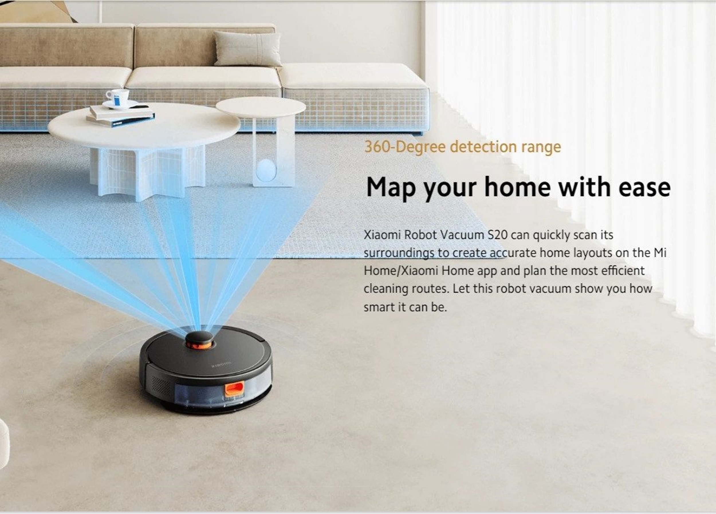 Robot sprzątający skanujący dom. Niebieskie wiązki pokazują jego zasięg wykrywania.