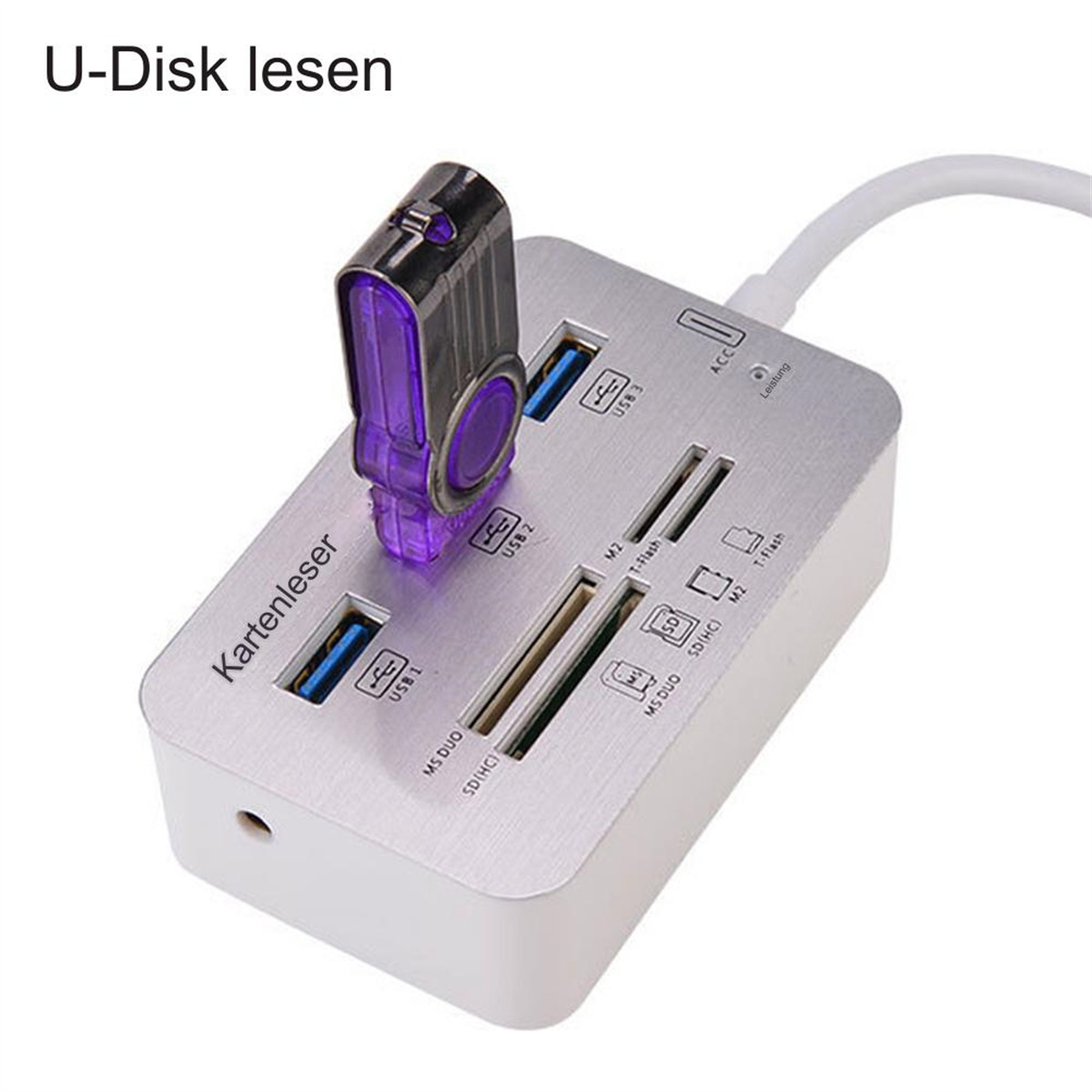 Ein silberner Kartenleser mit eingestecktem USB-Laufwerk. Es hat mehrere Steckplätze und ein weißes Kabel.