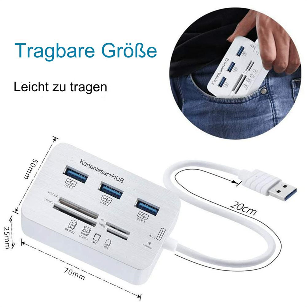 Silberner Kartenleser/Hub mit USB-Anschlüssen und Kabel. Wird in einer Tasche gehalten.