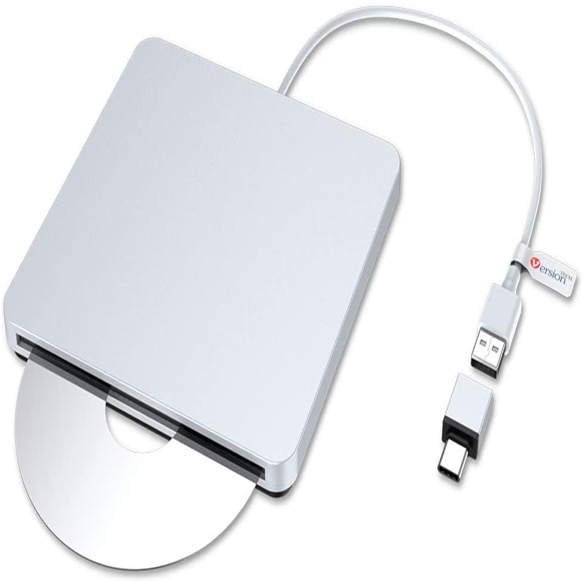 Ein silbernes externes CD-Laufwerk mit teilweise eingelegter CD, verbunden mit einem USB-Kabel.