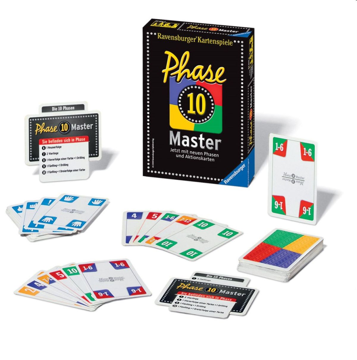 Phase 10 Master Kartenspiel mit Karten und Box auf weißer Oberfläche.
