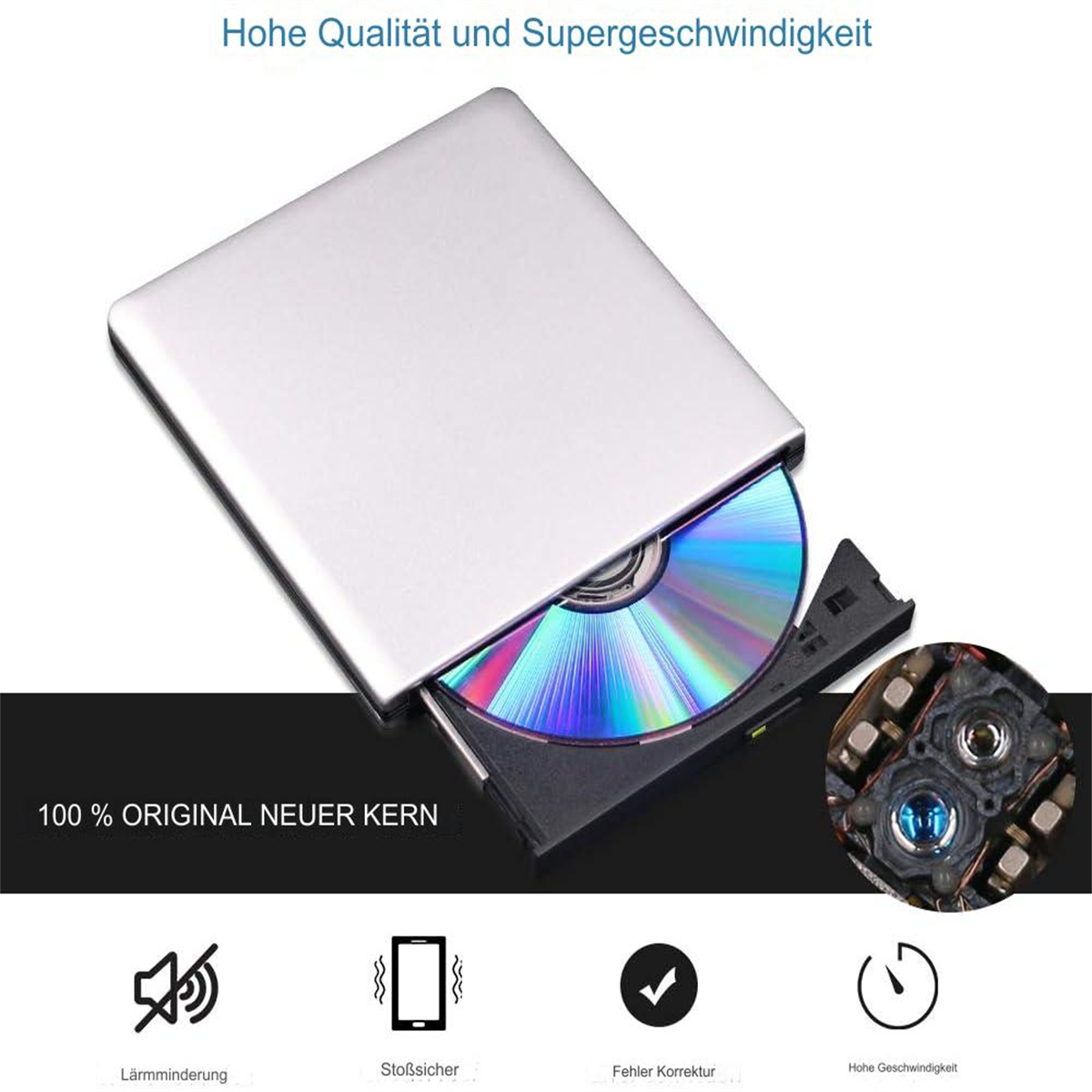 Silbernes externes CD/DVD-Laufwerk mit geöffnetem Fach und eingelegter CD. Weißer Hintergrund.