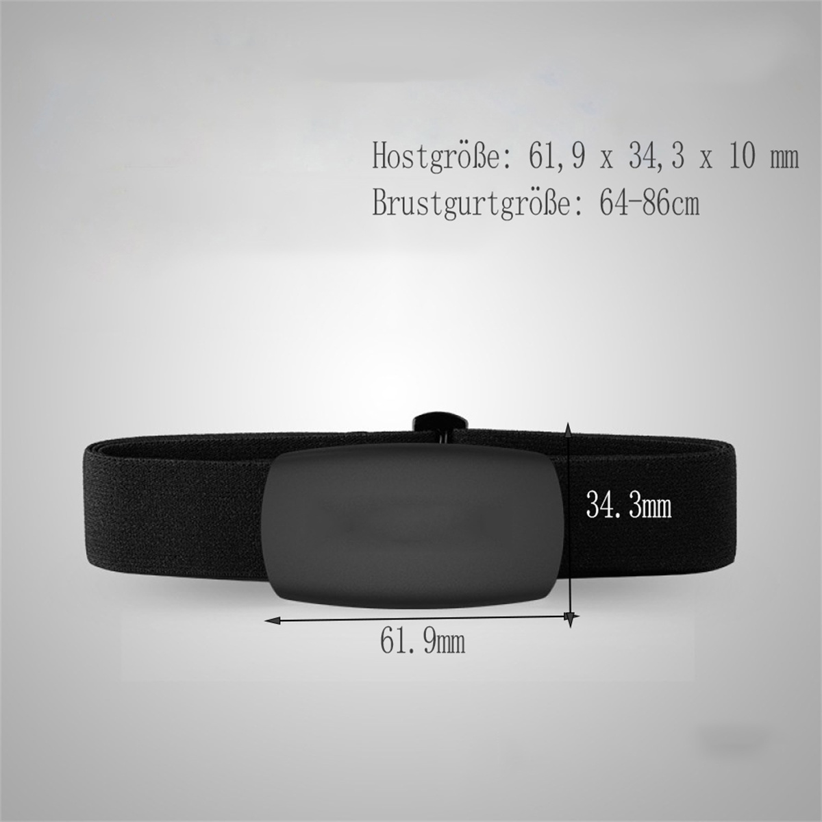 Schwarzes Fitness-Tracker-Band. Text zeigt Abmessungen: 61,9 mm und 34,3 mm. Brustumfang: 64-86 cm.