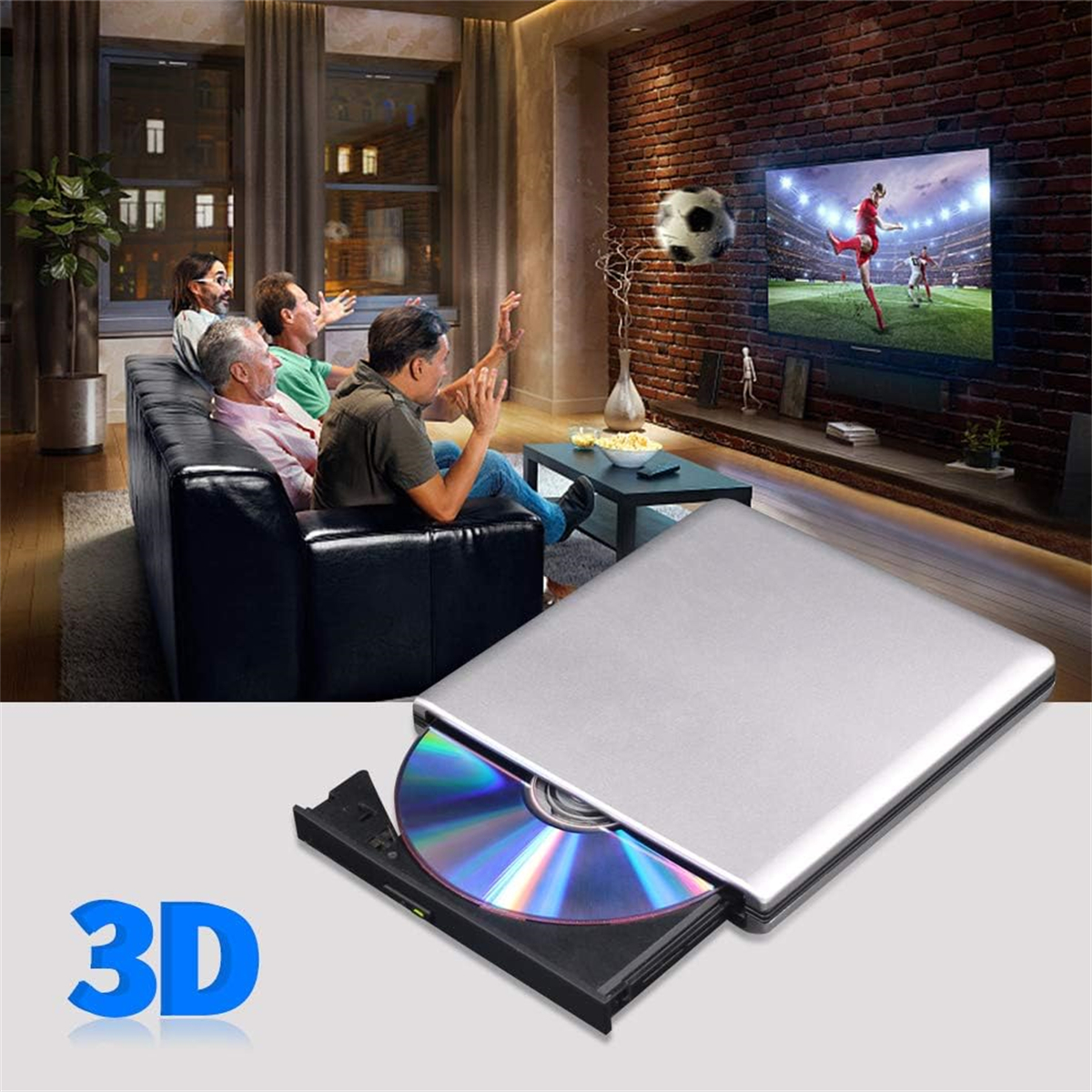 Personen schauen einen 3D-Film auf einem Fernseher. Ein DVD-Player ist angeschlossen und das Wort 3D ist geschrieben.