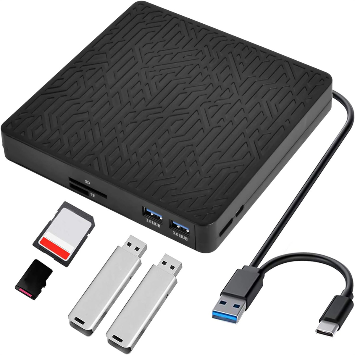 Schwarzes quadratisches Gerät mit USB-Anschlüssen, SD-Kartensteckplatz, 2 USB-Laufwerken und einem USB-Kabel.