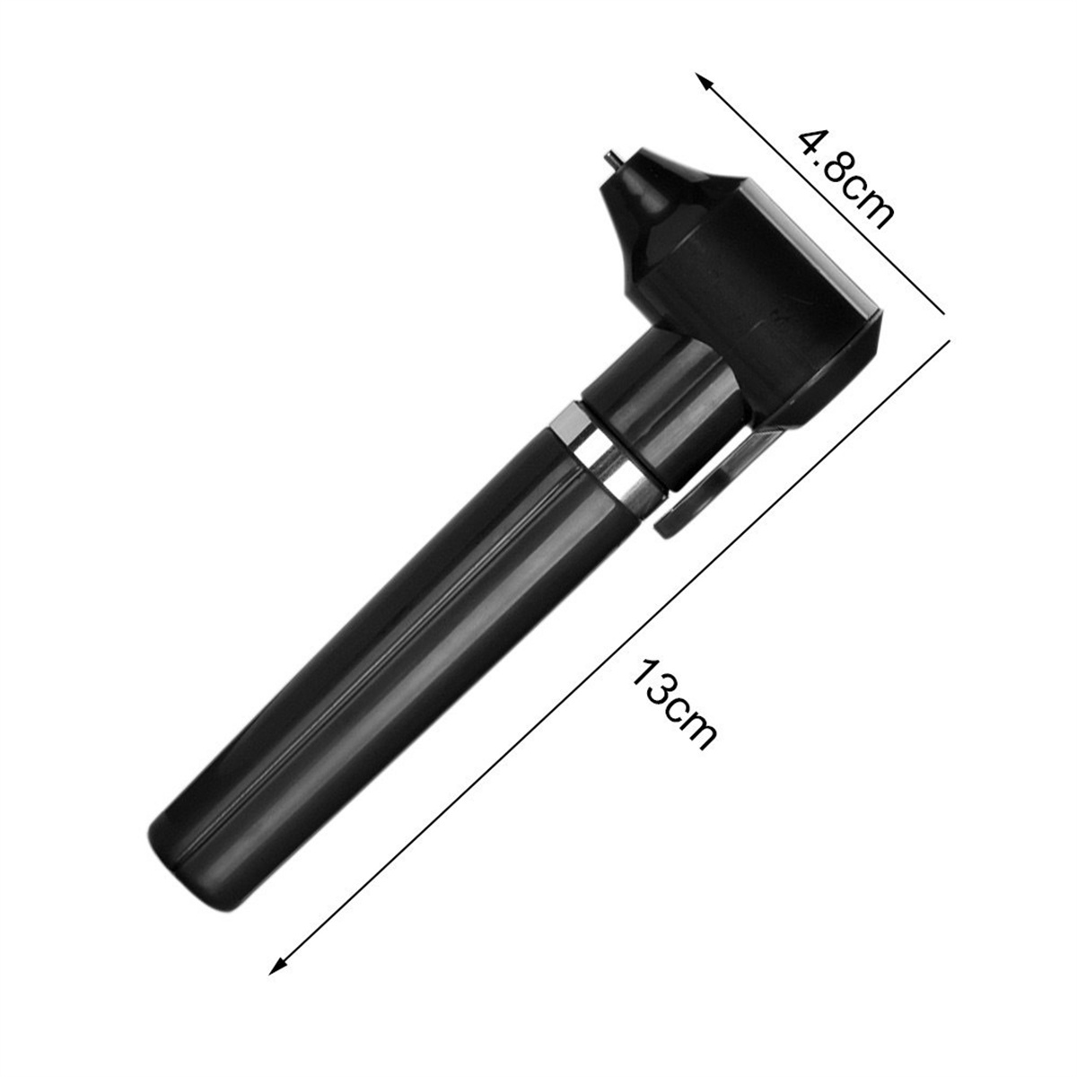Schwarzes medizinisches Instrument. Messwerkzeug, mit Abmessungen: 4,8 cm breit, 13 cm lang.