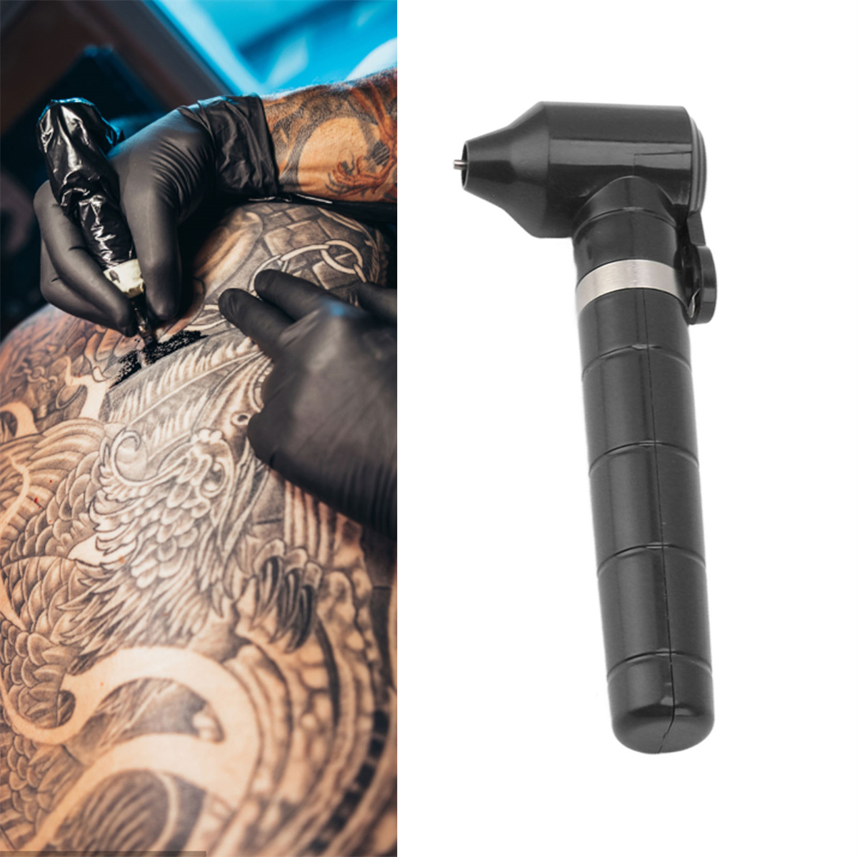 Ein Tätowierer in schwarzen Handschuhen und eine Tätowiermaschine. Ein tätowierter Rücken ist sichtbar.