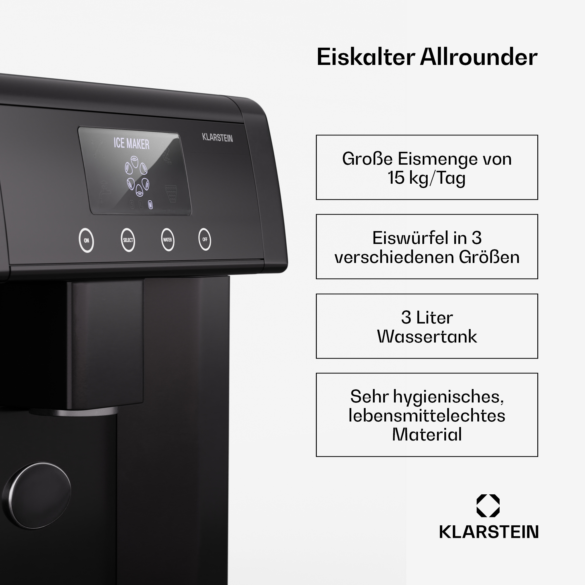 Macchina per il ghiaccio nera con display digitale. Il testo include: Quantità di ghiaccio, dimensioni dei cubetti, serbatoio dell'acqua, materiale igienico.