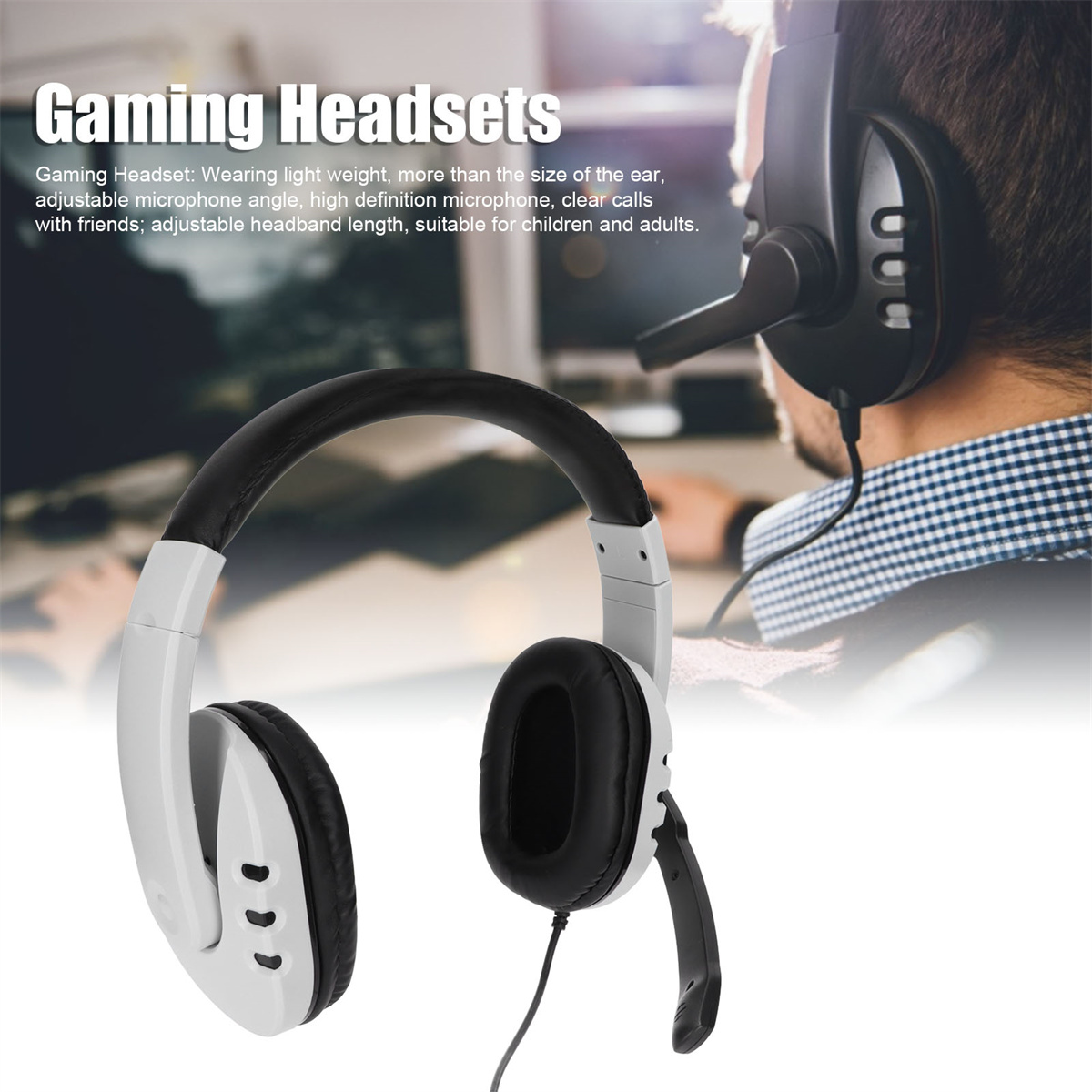 Weißes Gaming-Headset an einer Person mit Monitor im Hintergrund.