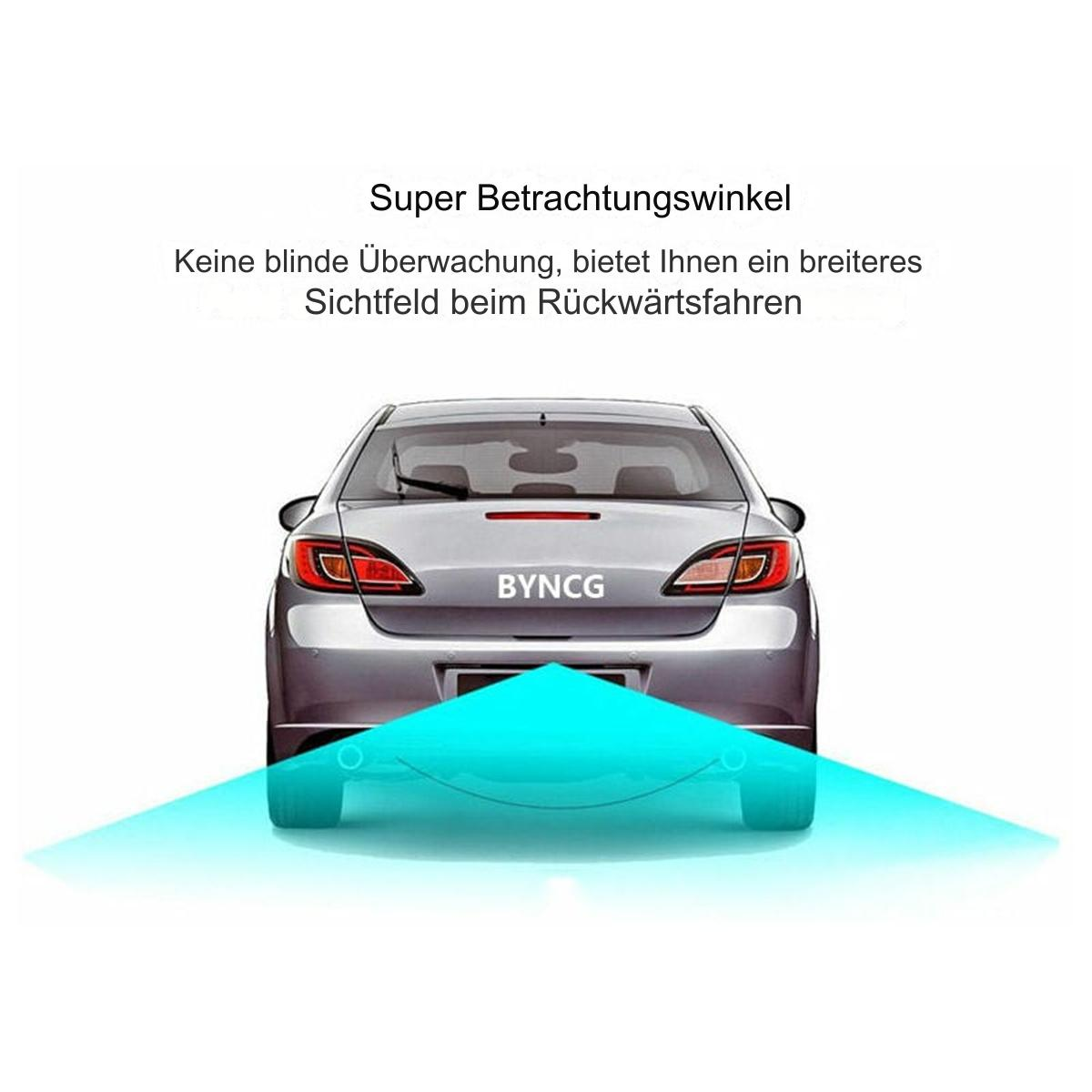 Rückansicht eines silbernen Autos mit blauem Lichtprojekt, Text: Super Betrachtungswinkel. Keine toten Winkel.
