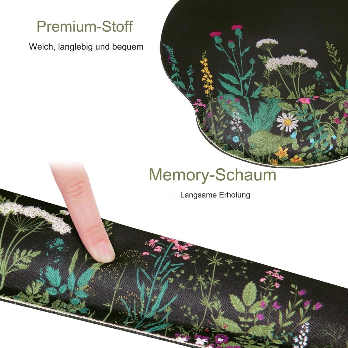 Ein Finger drückt auf ein schwarzes Blumenmuster-Pad. Text: 'Premium-Stoff' und 'Memory-Schaum'.