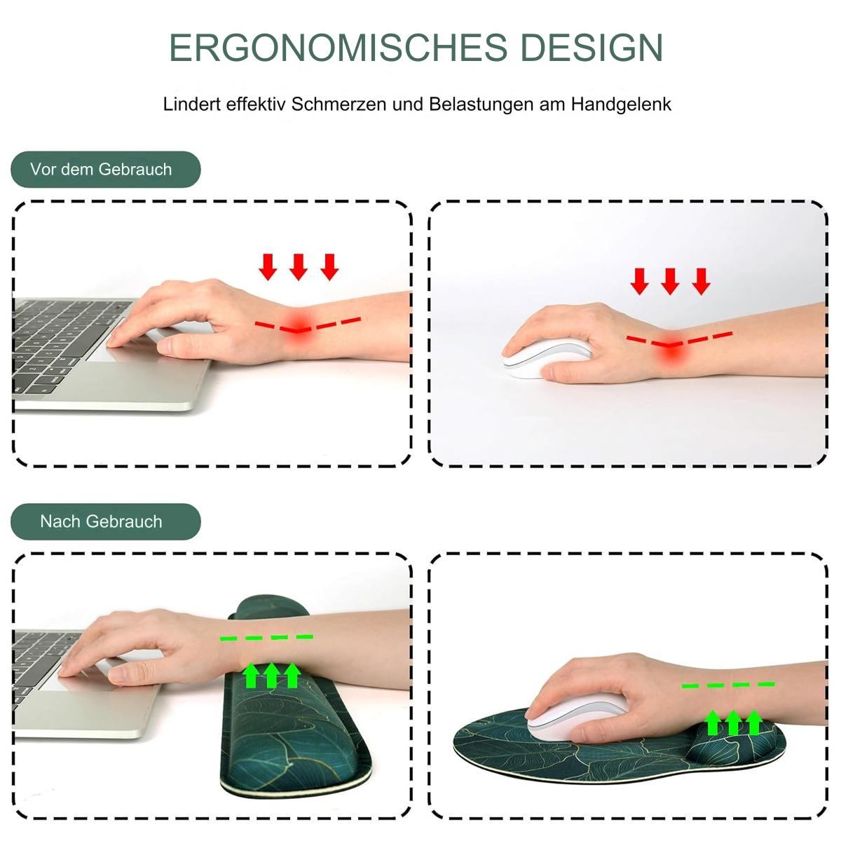 Hände vor und nach der Verwendung einer Handgelenkstütze auf Laptop und Maus.