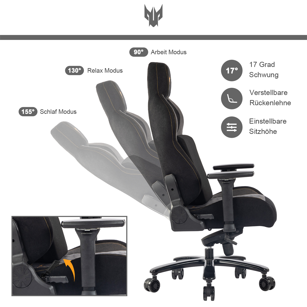 Schwarzer Gaming-Stuhl mit verstellbarer Rückenlehne und Armlehnen in verschiedenen Positionen.