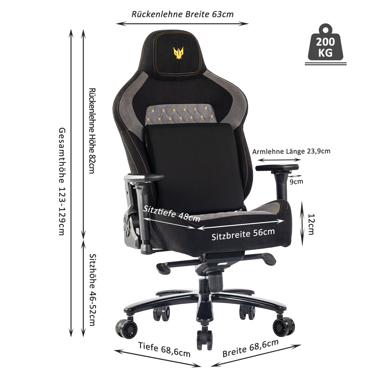 Gaming-Stuhl mit Maßen: Höhe 123-129cm, Breite 68,6cm, Sitztiefe 48cm.