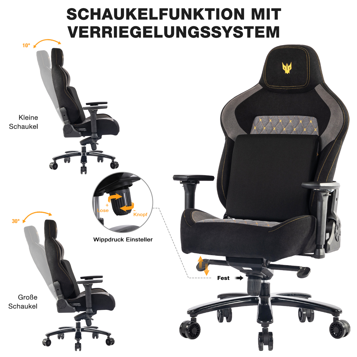 Gaming-Stuhl mit verstellbarer Rückenlehne und Armlehnen, schwarz und grau mit gelben Akzenten.