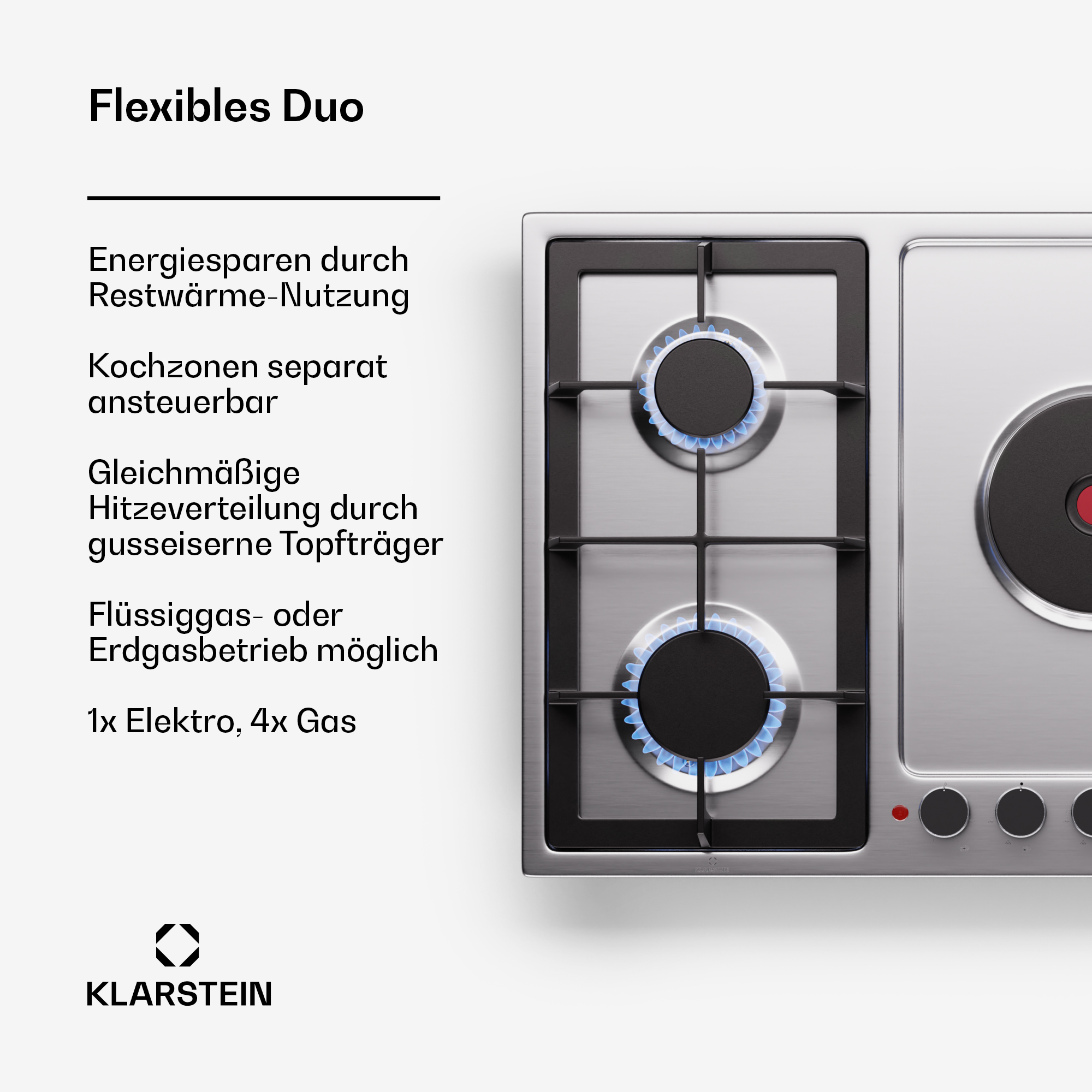 Edelstahl-Gaskochfeld mit zwei Brennern und einem schwarzen Elektrokochfeld.
