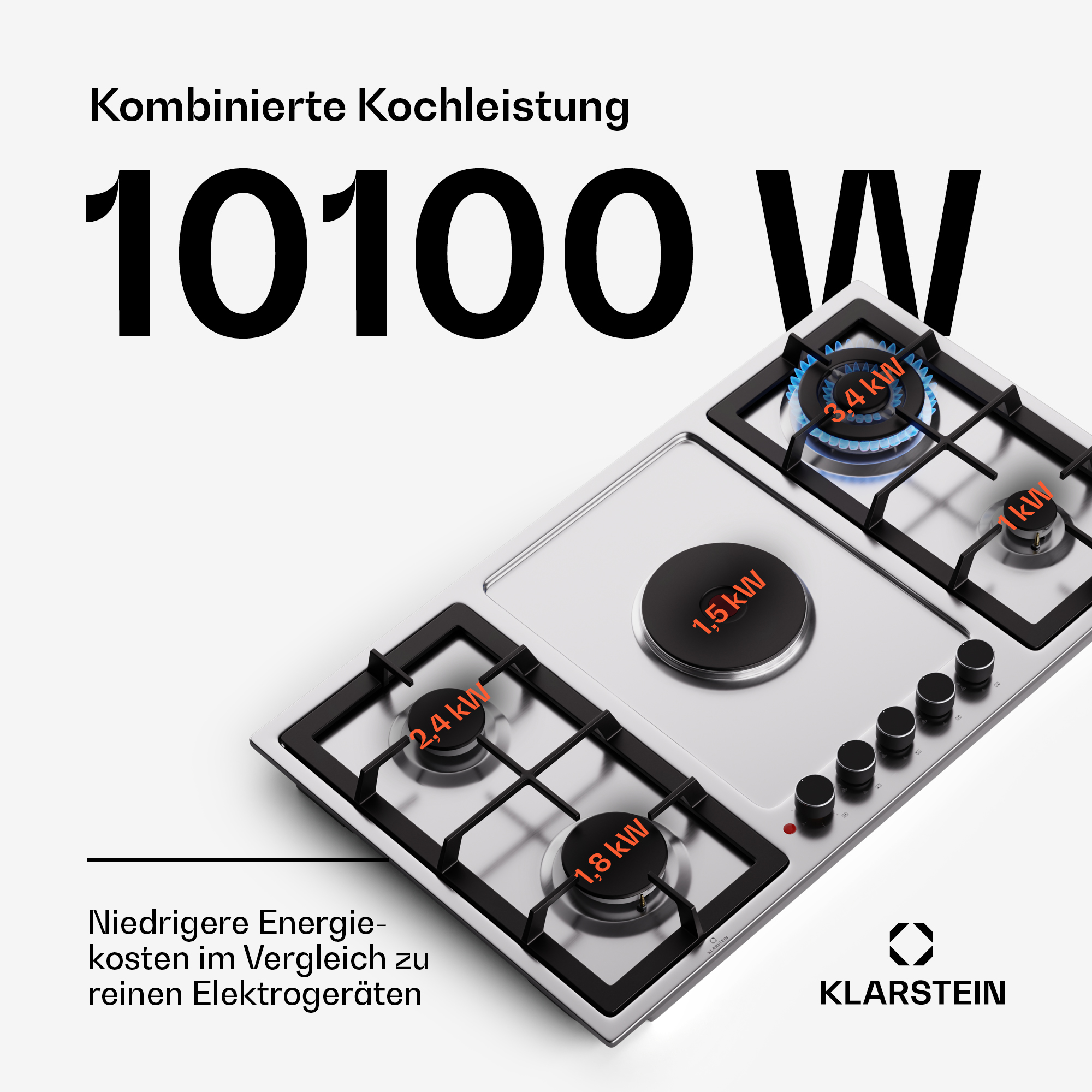 Edelstahl-Gasherd. Vier Brenner, zwei brennen. Knöpfe und Watt-Angaben sind sichtbar. Weißer Hintergrund.