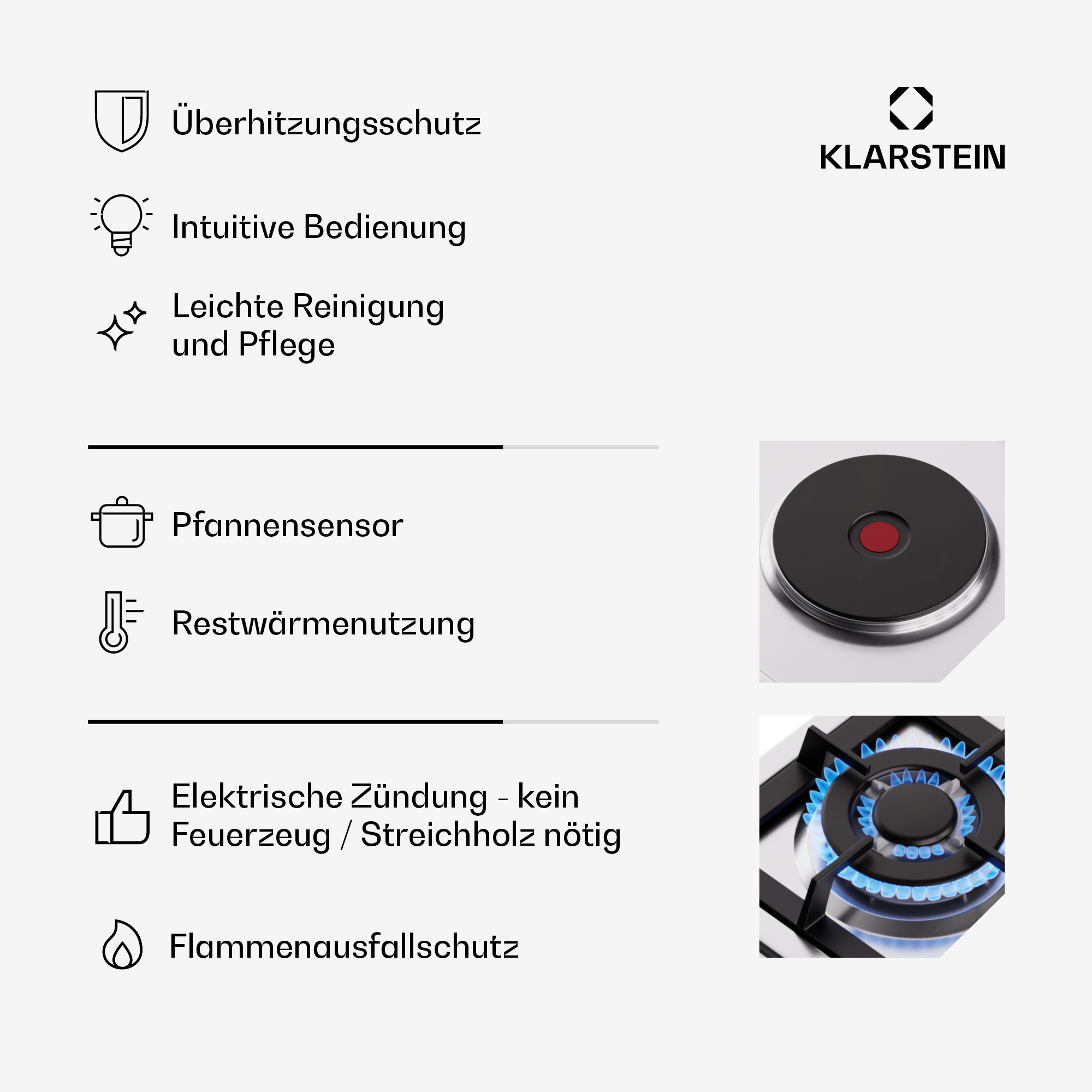 Bild mit Symbolen und Text für ein Klarstein Induktionskochfeld.
