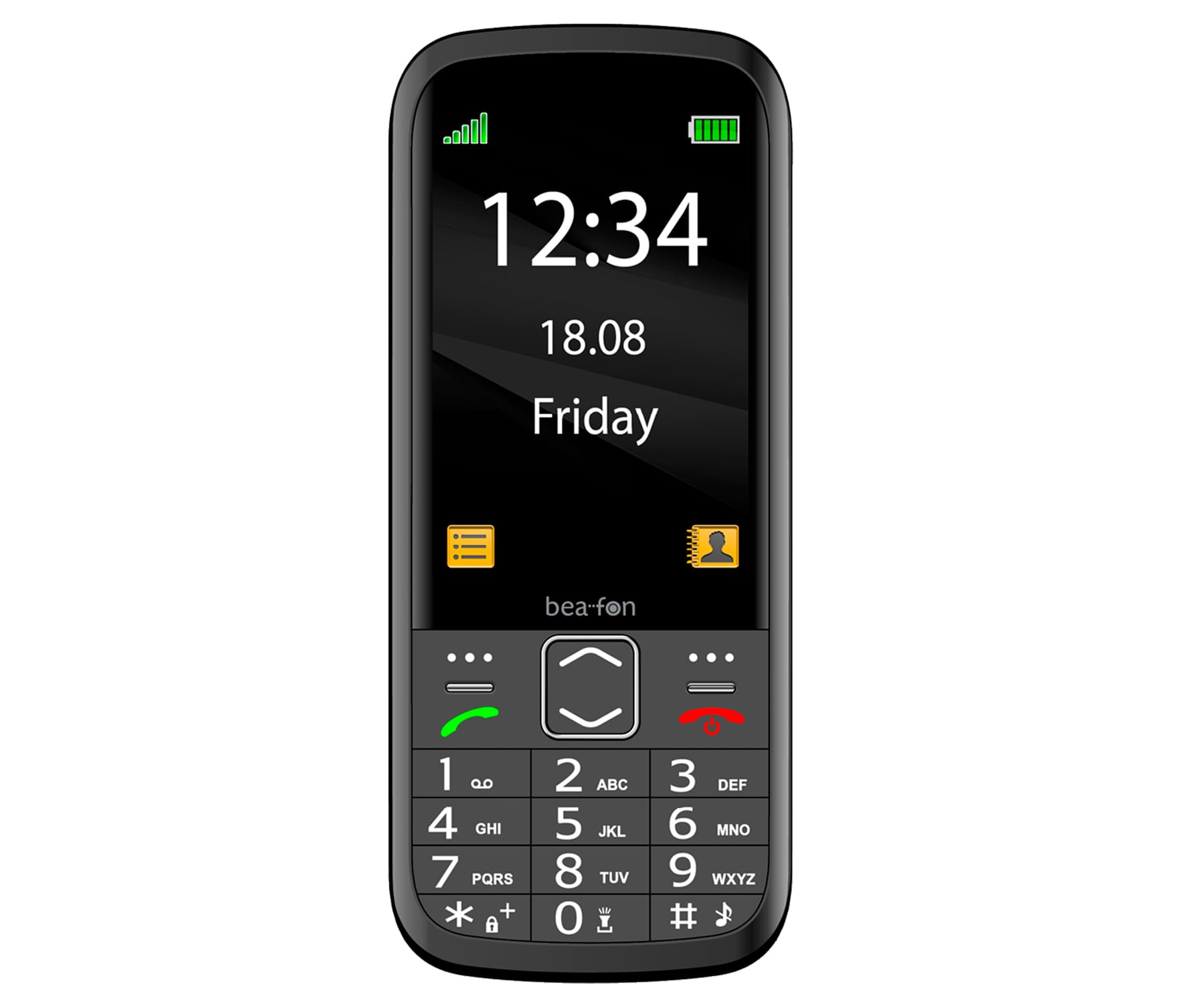 Un teléfono móvil negro que muestra la hora 12:34, la fecha 18.08 y la palabra viernes.