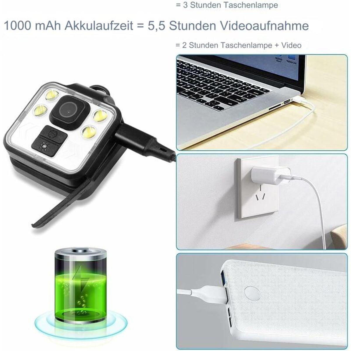 Eine kleine Taschenlampe mit USB-Aufladung und verschiedenen Beleuchtungsoptionen. Akkulaufzeit wird angezeigt.