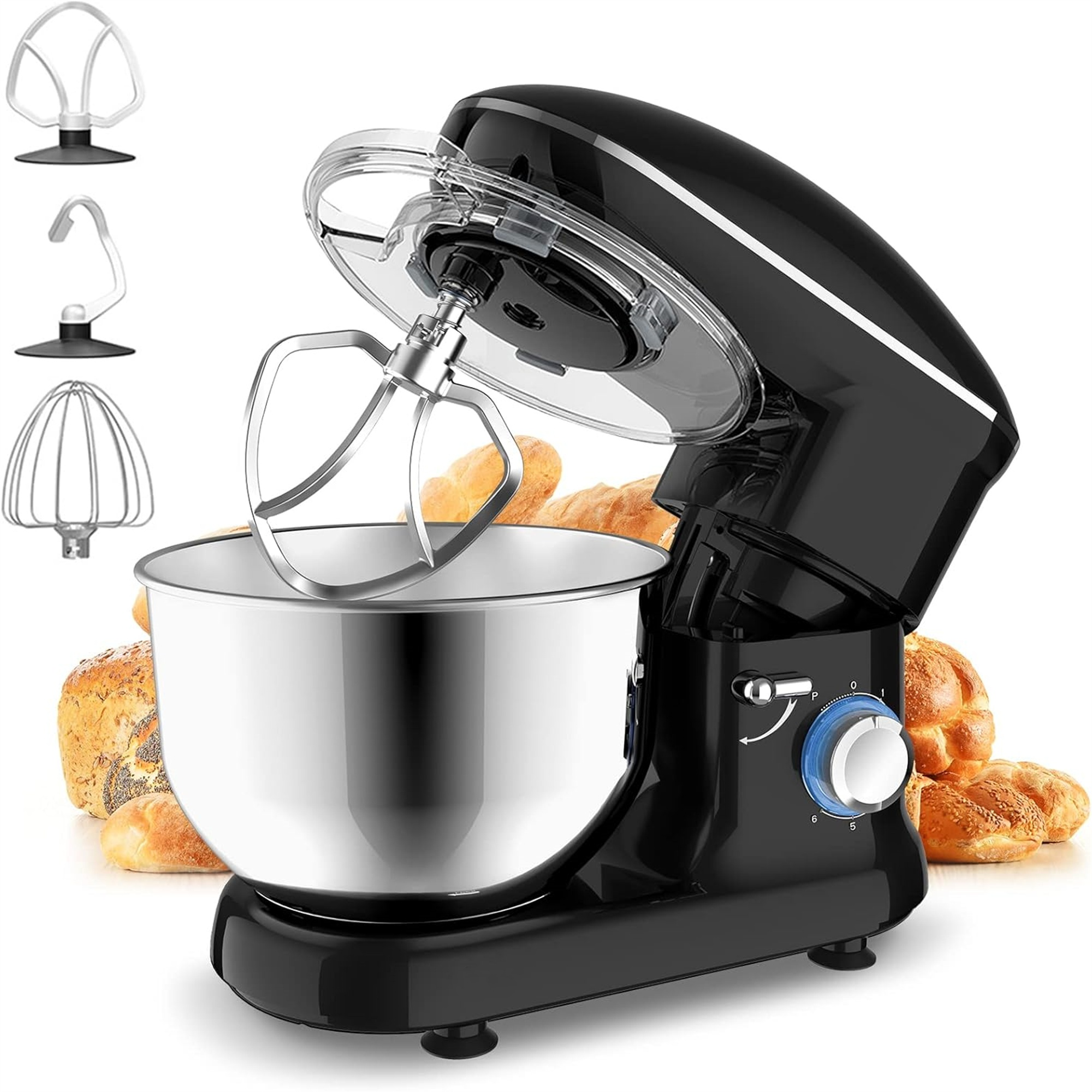 Schwarzer Standmixer mit Aufsätzen, Schüssel und durchsichtigem Deckel. Hintergrund: Brot.