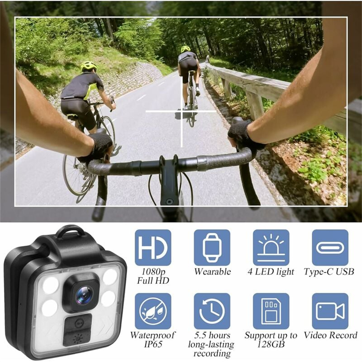 Ein Radfahrer wird vom Lenker eines anderen Fahrrads gefilmt. Eine Kamera mit Symbolen wird gezeigt.