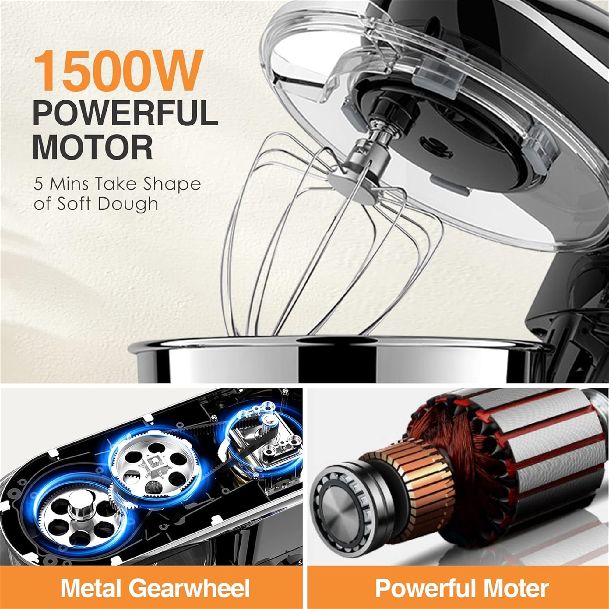 Ein Standmixer mit starkem Motor und Metallzahnrad, mit Nahaufnahmen.