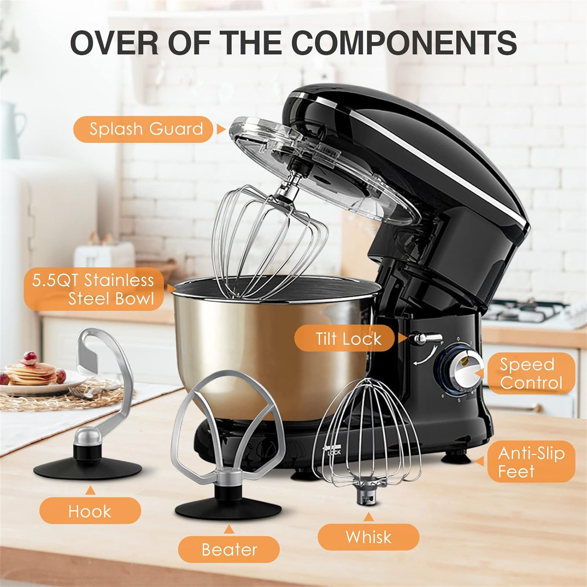 Ein schwarzer Küchenmixer mit Teilen: Haken, Schläger, Schneebesen, und Geschwindigkeitsregler. Edelstahl-Schüssel.