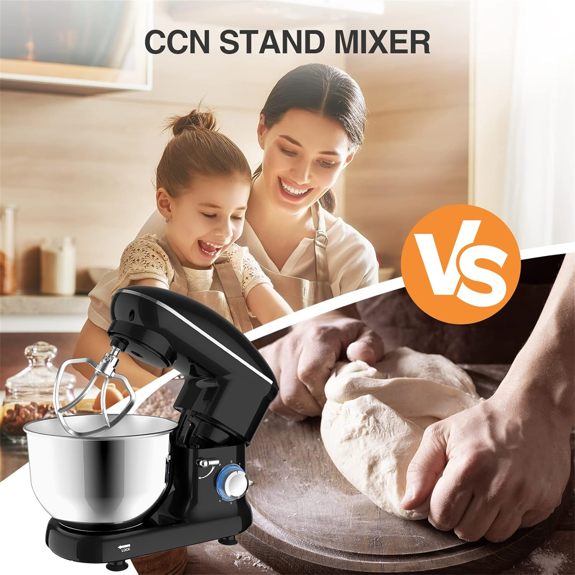 Eine Frau und ein Kind bereiten Teig mit einem schwarzen Standmixer zu. Ein Vs-Symbol ist im Bild.