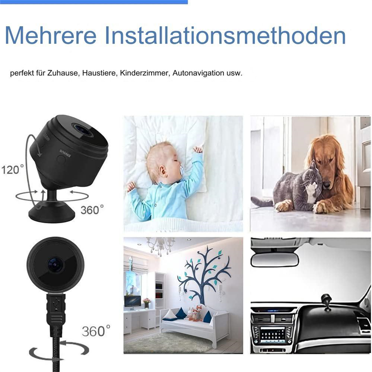 Bilder, die mehrere Installationsmethoden für eine kleine schwarze Kamera demonstrieren, verschiedene Anwendungen zeigend.