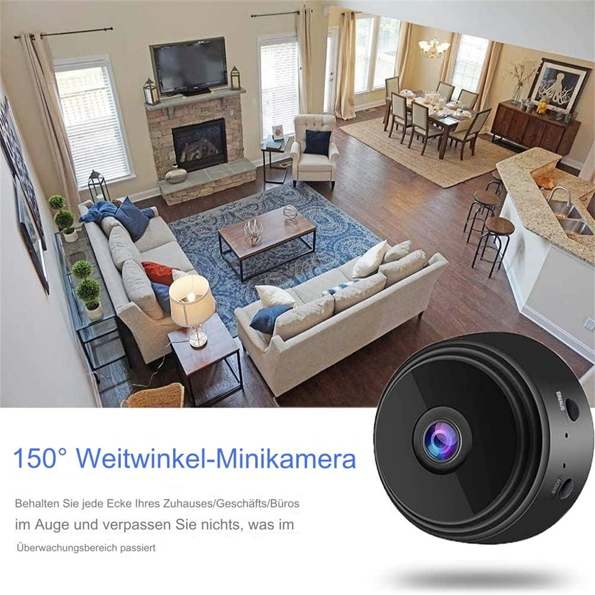 Eine schwarze Mini-Kamera befindet sich im Vordergrund eines Wohnzimmers mit Möbeln und einem Essbereich.