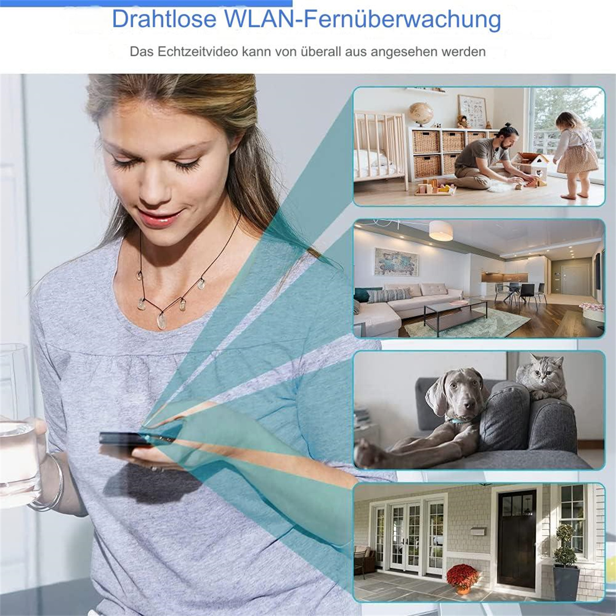 Eine Frau benutzt eine Fernbedienung, mit Bildern, die Smart-Home-Geräte zeigen, innen und außen.