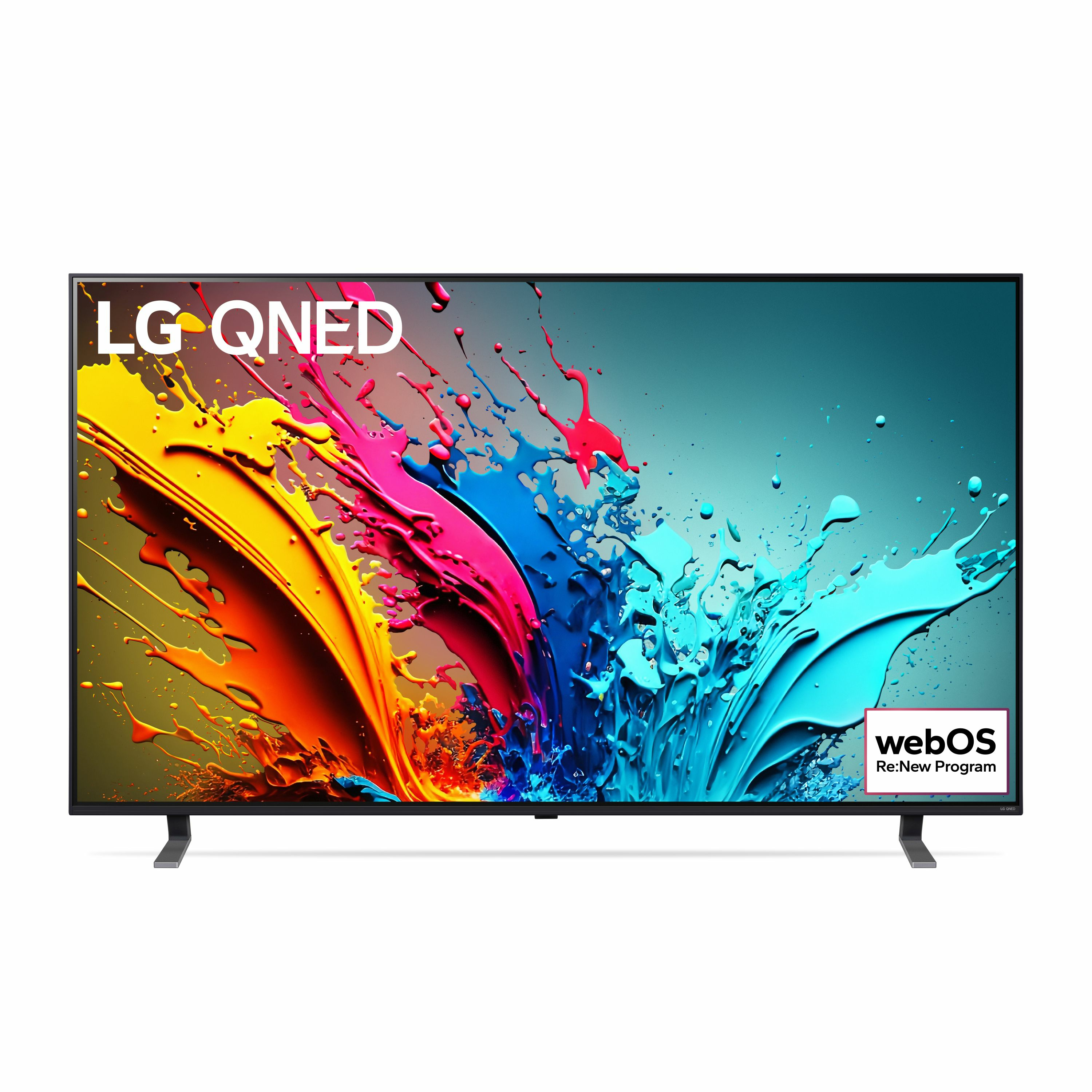 Een LG QNED TV met kleurrijke verfspatten en het webOS-logo in de hoek.