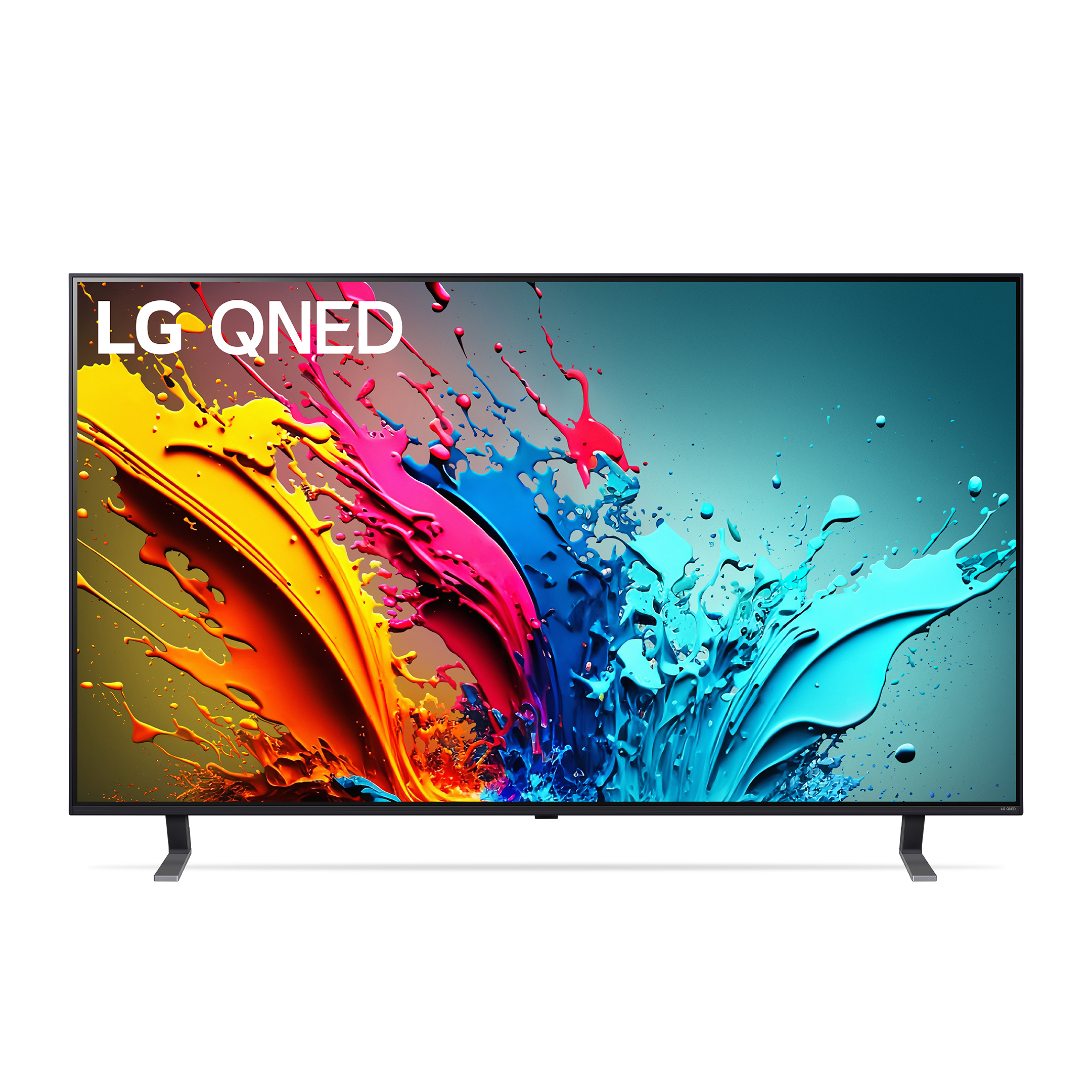 Een LG QNED tv met een kleurrijk abstract spatschermontwerp.