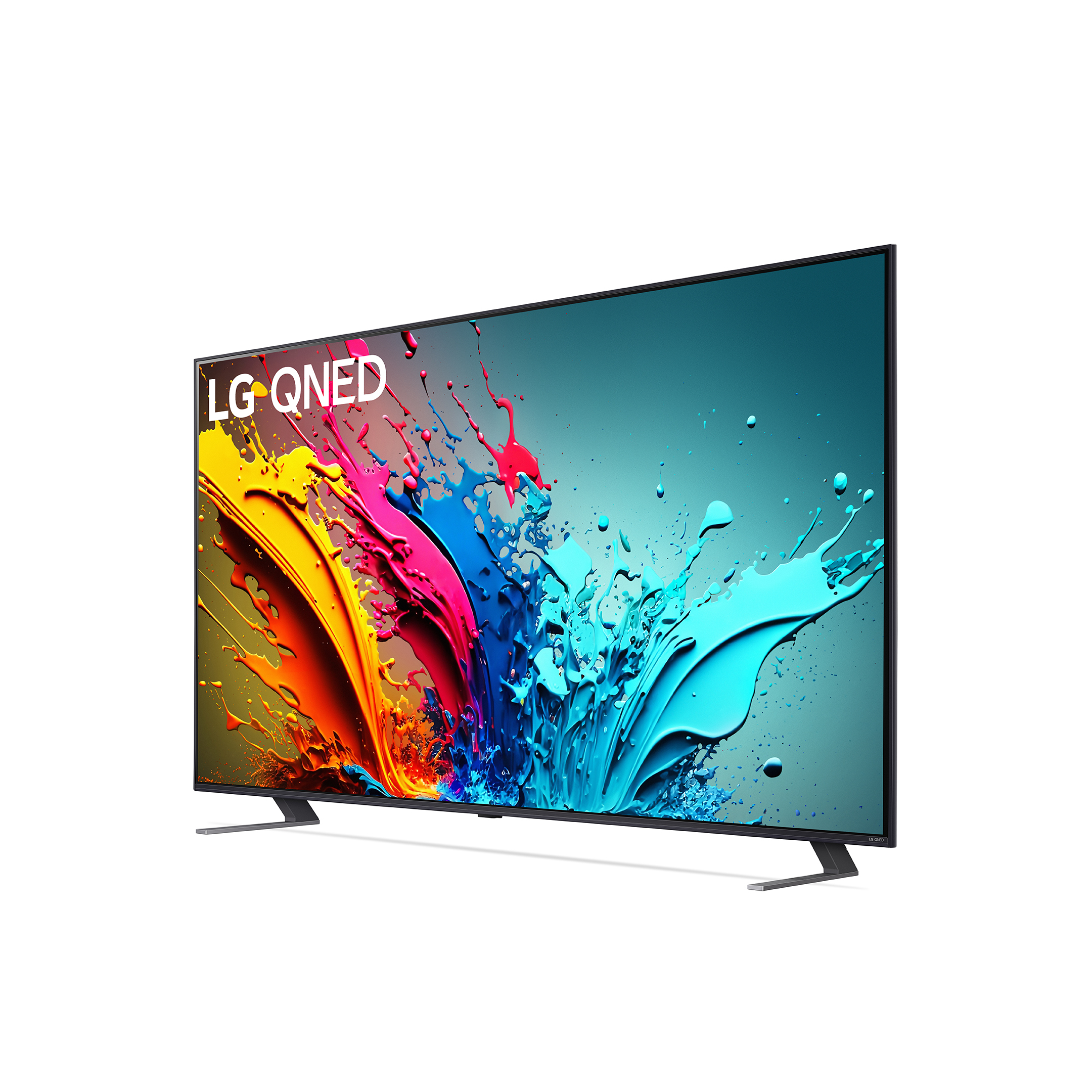 LG QNED TV met kleurrijke abstracte kunst op het scherm.