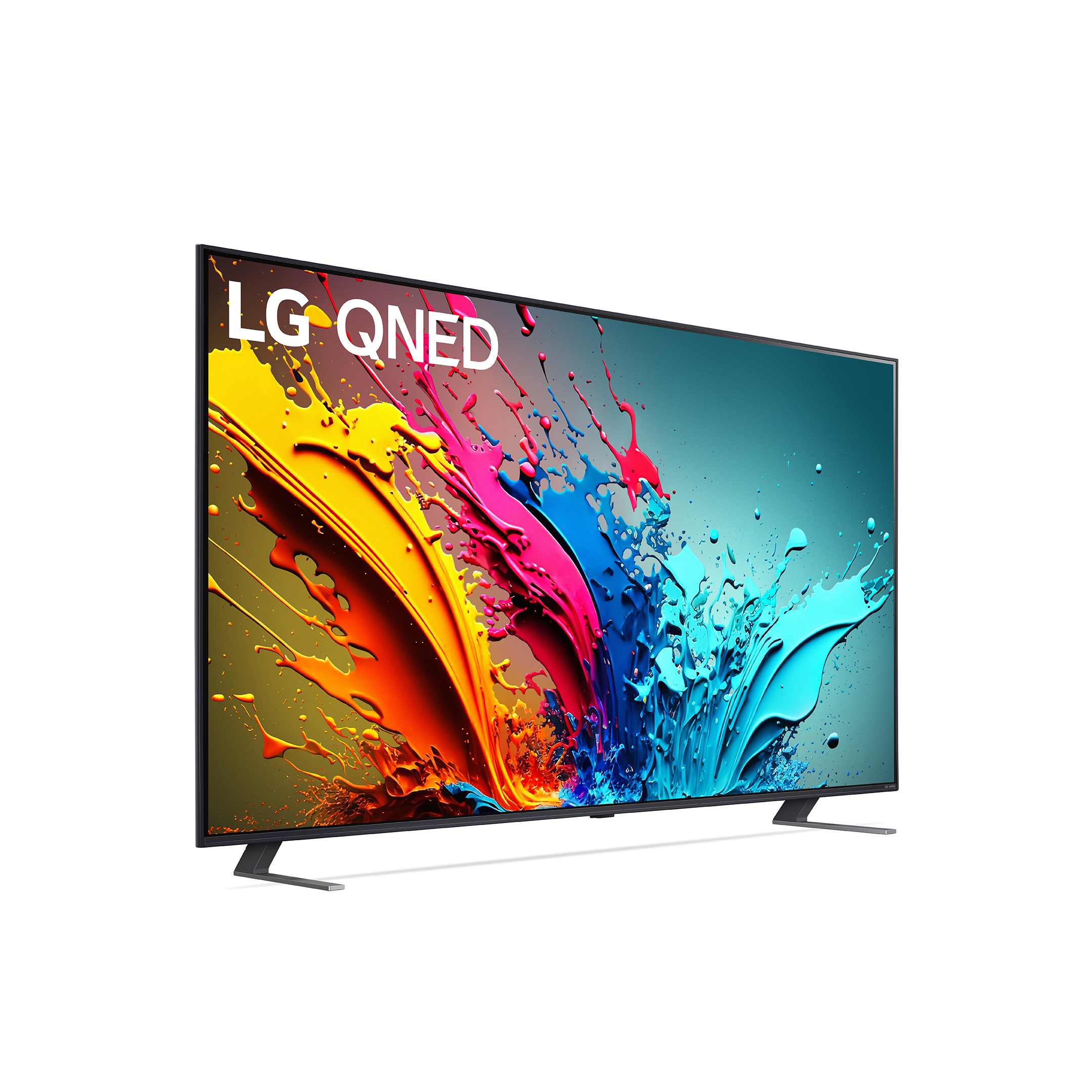 LG QNED tv met een kleurrijke verfspat. Het heeft een zwart frame en standaard.