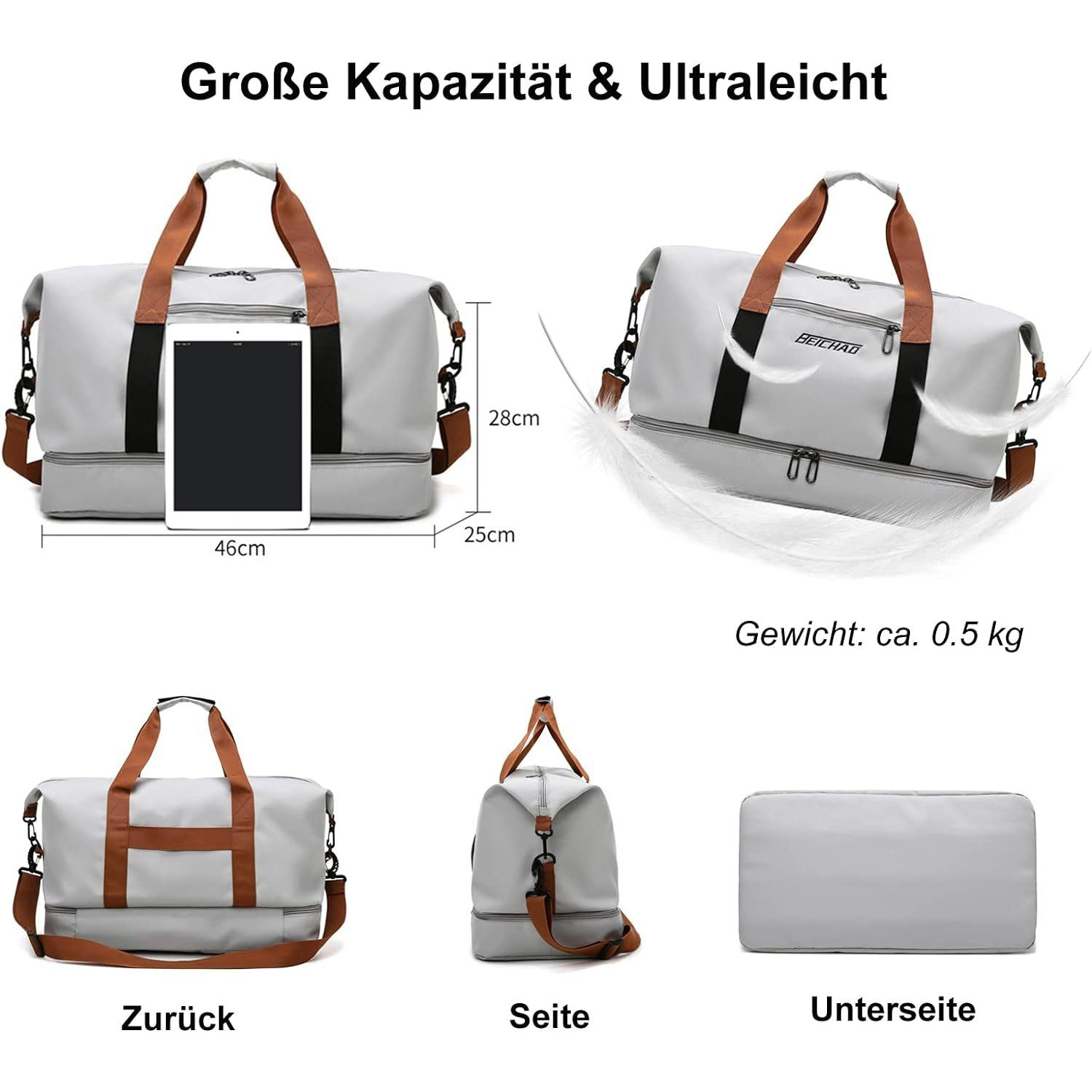 Graue Reisetasche mit braunen Griffen, Tablet, Maßen und deutschem Text.