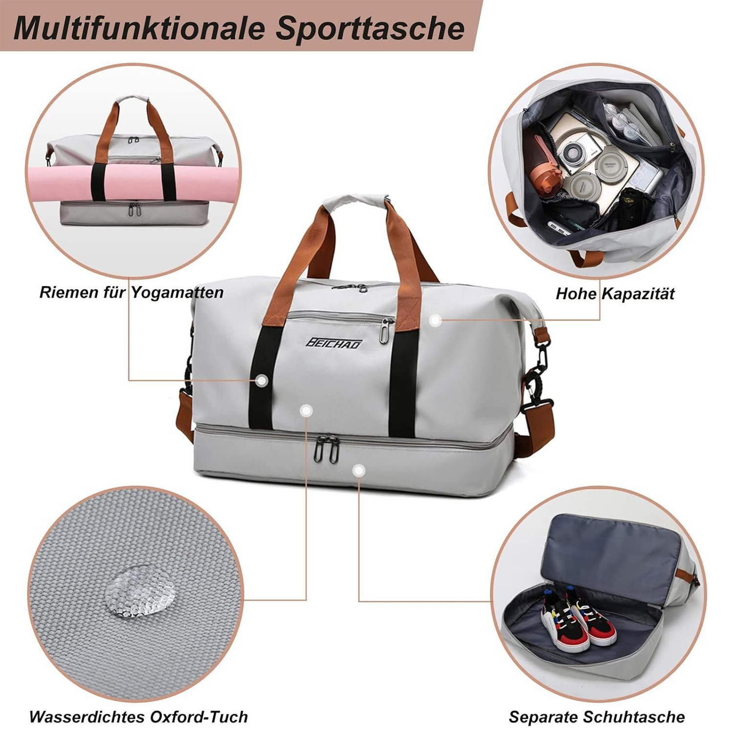 Graue Sporttasche mit mehreren Fächern und braunen Griffen, und eine Yogamatte oben.