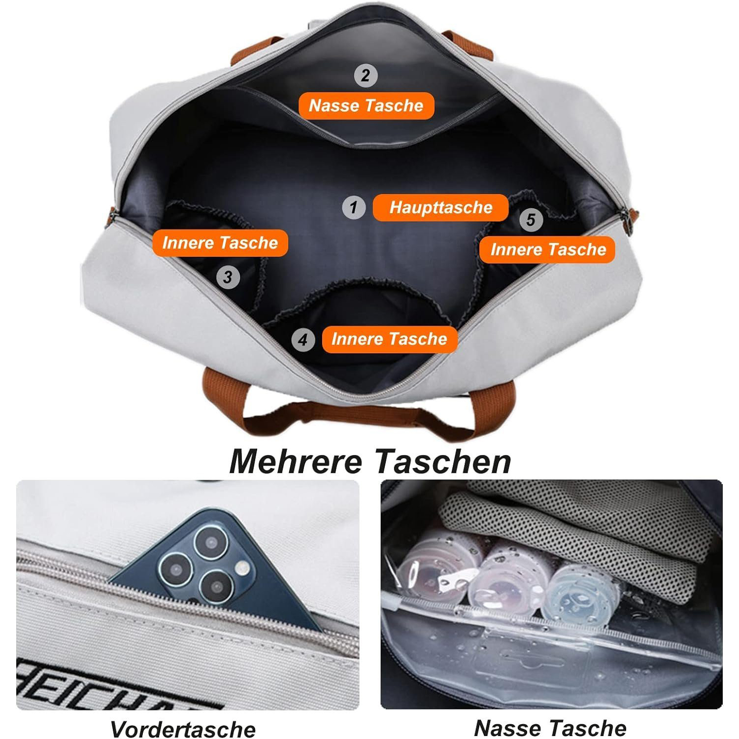 Graue Wickeltasche mit mehreren beschrifteten Taschen. Nahaufnahmen von Telefon und Babyflaschen.