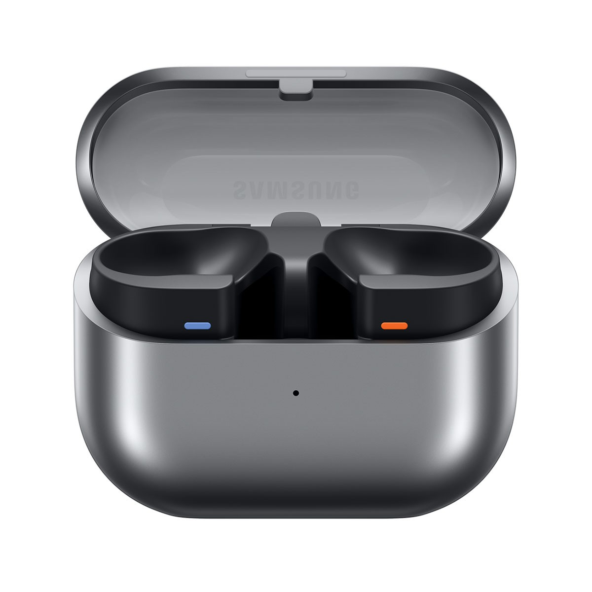 Otwarty szary futerał ładujący z dwoma czarnymi gniazdami na słuchawki; niebieska i pomarańczowa kropka wskazuje gniazdo.