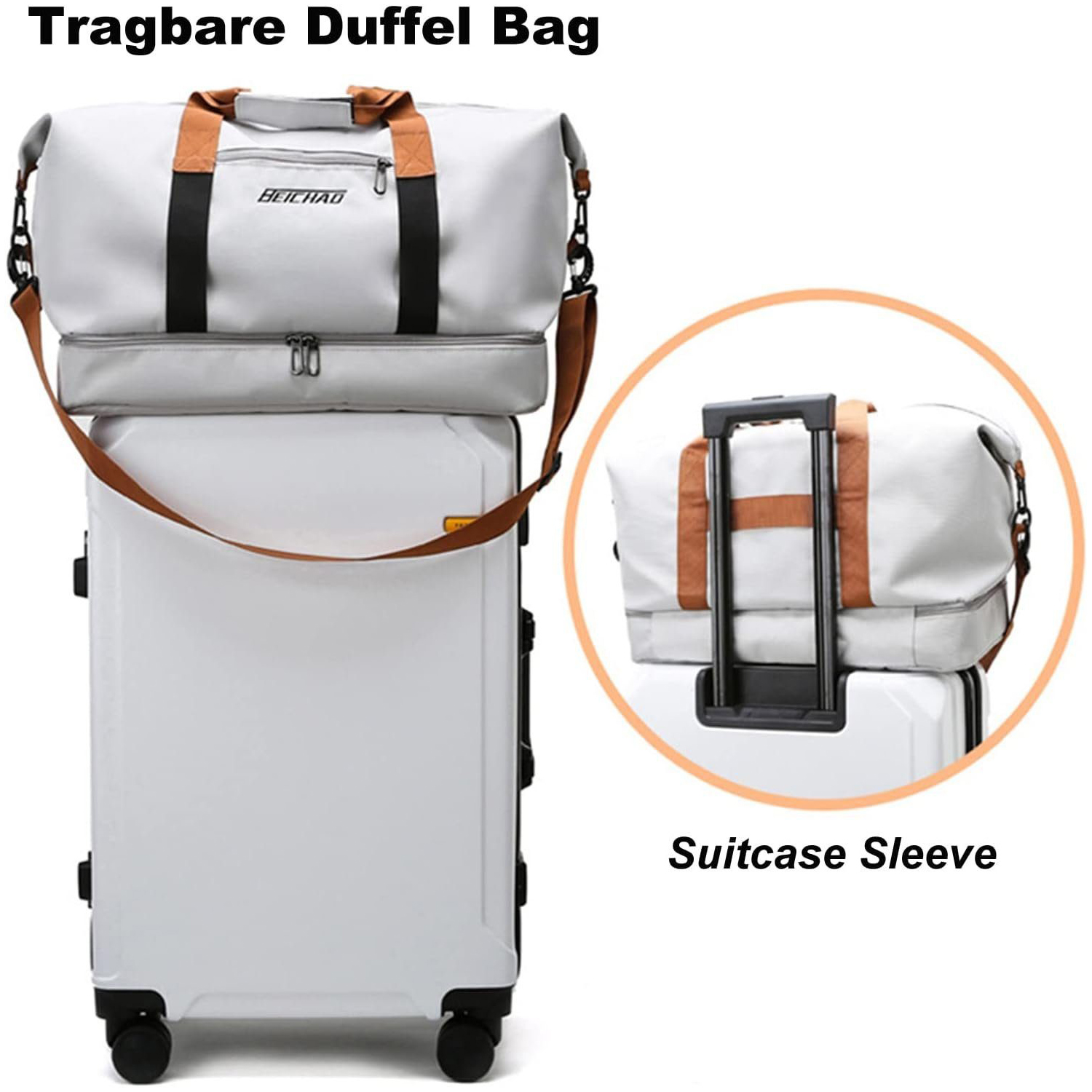 Weiße Reisetasche auf einem weißen Koffer, mit dem Text „Suitcase Sleeve“.