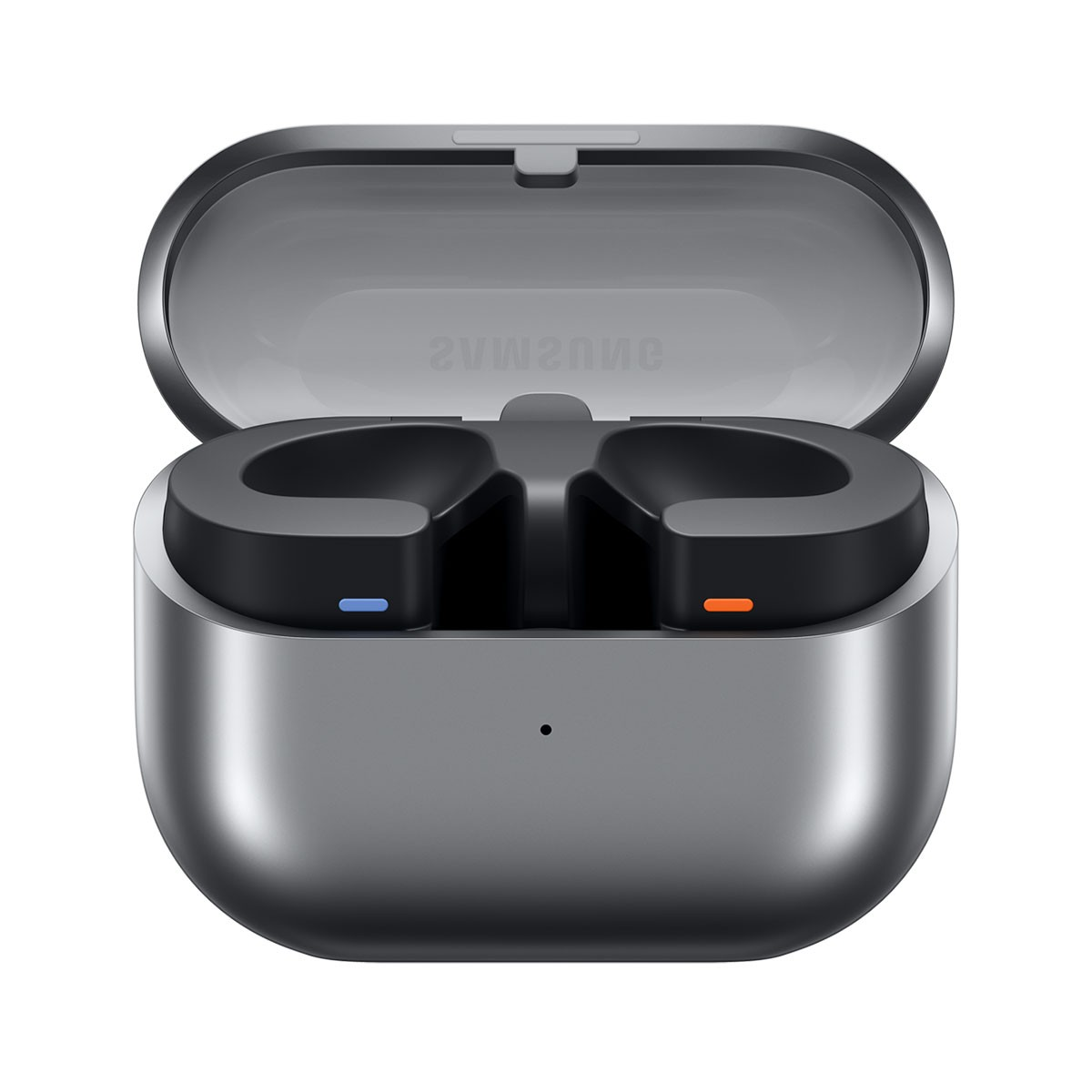 Szare etui ładujące z czarnymi słuchawkami w środku, otwarte, z niebieskimi i pomarańczowymi kropkami.