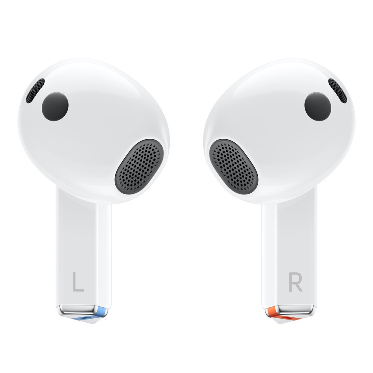 Dwie białe słuchawki, oznaczone 'L' i 'R', z czarnymi osłonami głośników z siatki i pomarańczowo-niebieskim akcentem.
