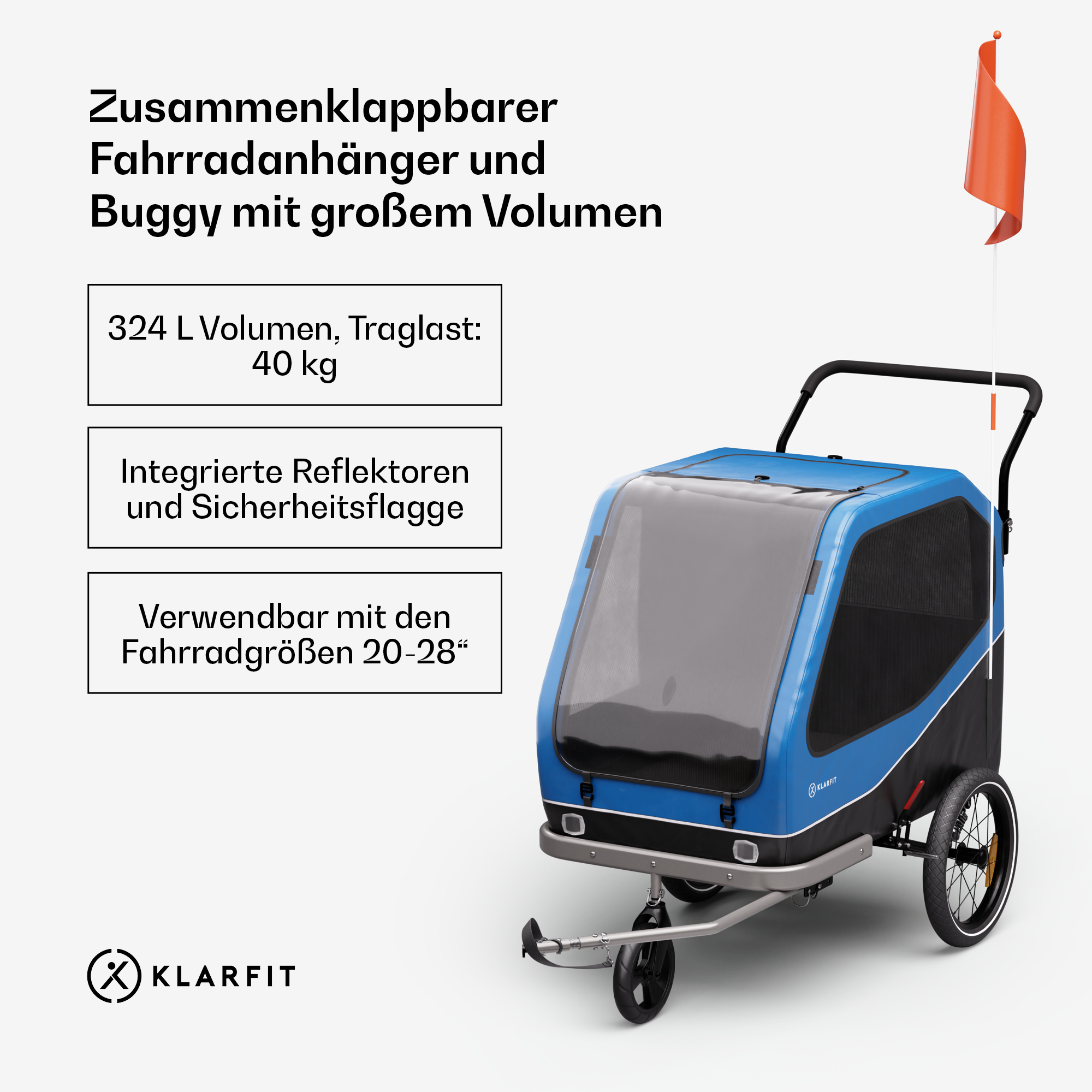 Ein blau-schwarzer zusammenklappbarer Fahrradanhänger mit roter Flagge und Textbeschreibungen.