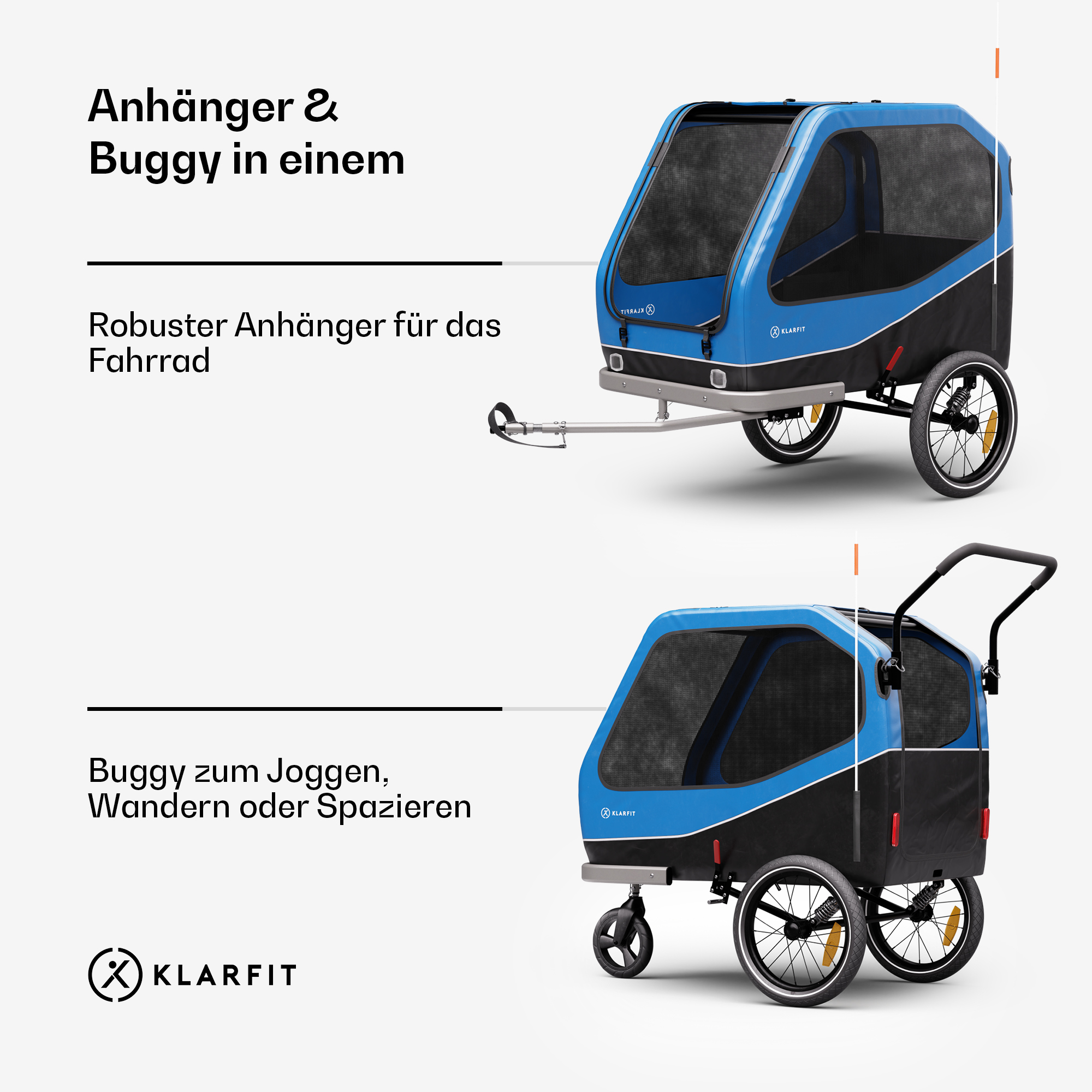 Zwei blaue und schwarze Anhänger/Buggys. Einer ist für Fahrräder, der andere zum Joggen, Gehen oder Spazierengehen.