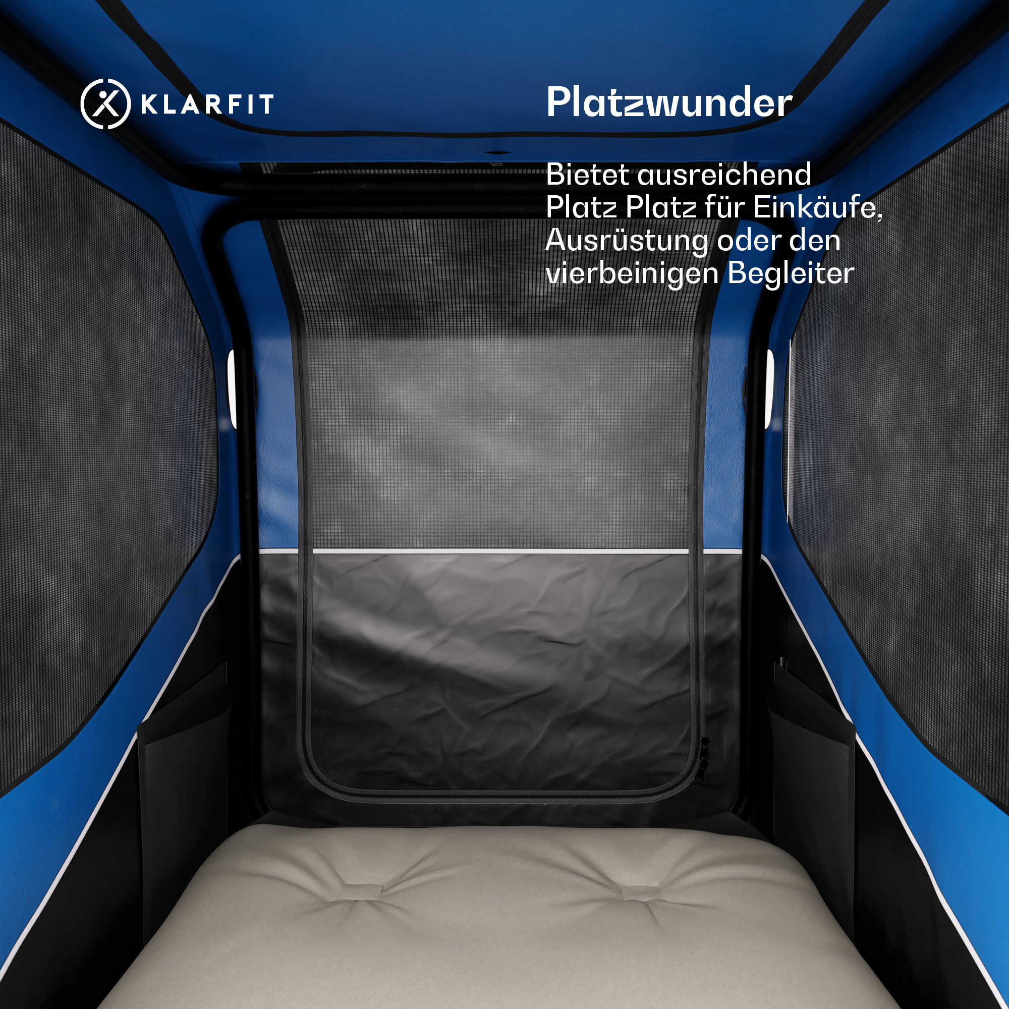 Blau-schwarzer Haustieranhänger innen. Graues Bett, Netzfenster, Text über Platz. Draufsicht.