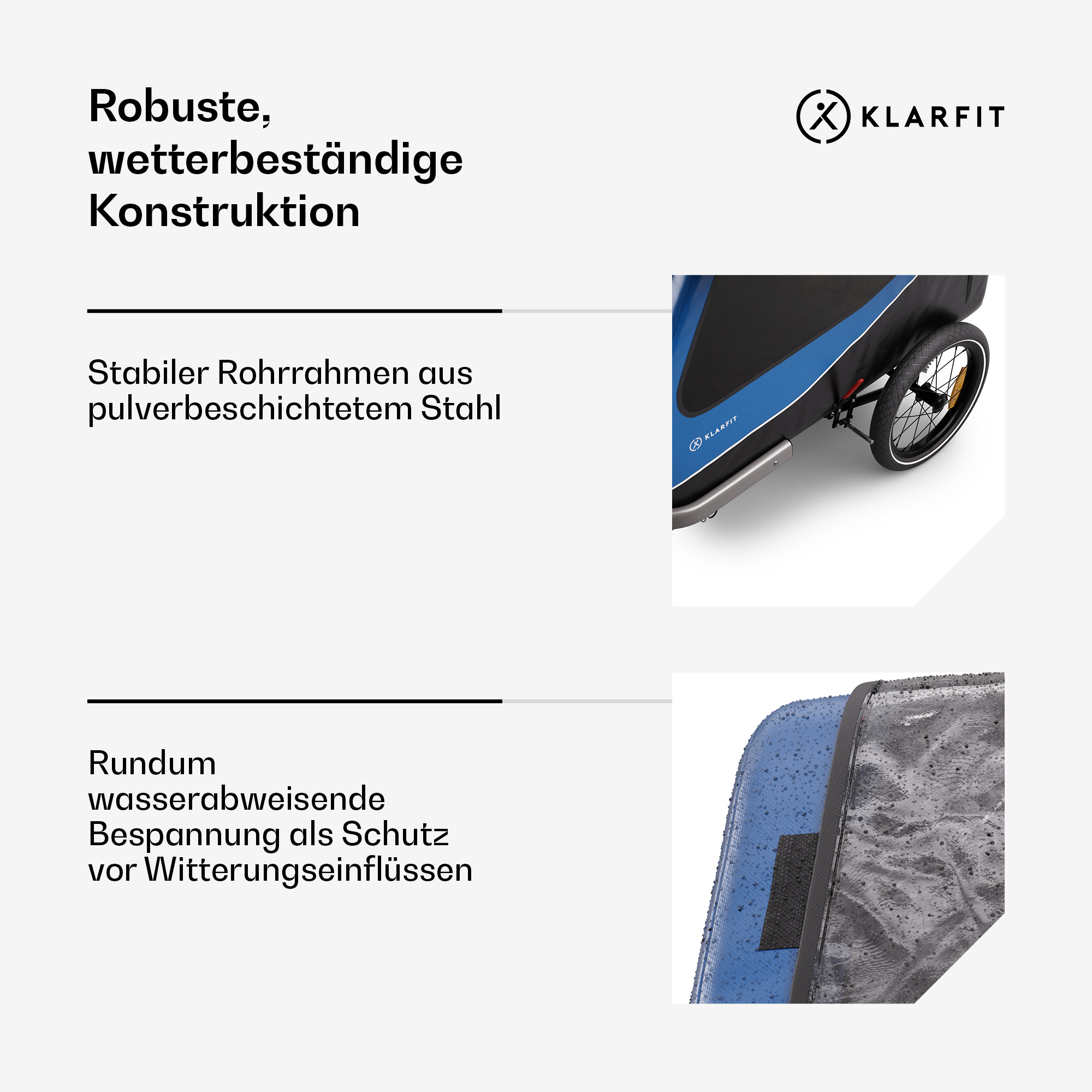 Ein blau-schwarzer Fahrradanhänger mit stabilem Rahmen und wasserabweisendem Stoff.