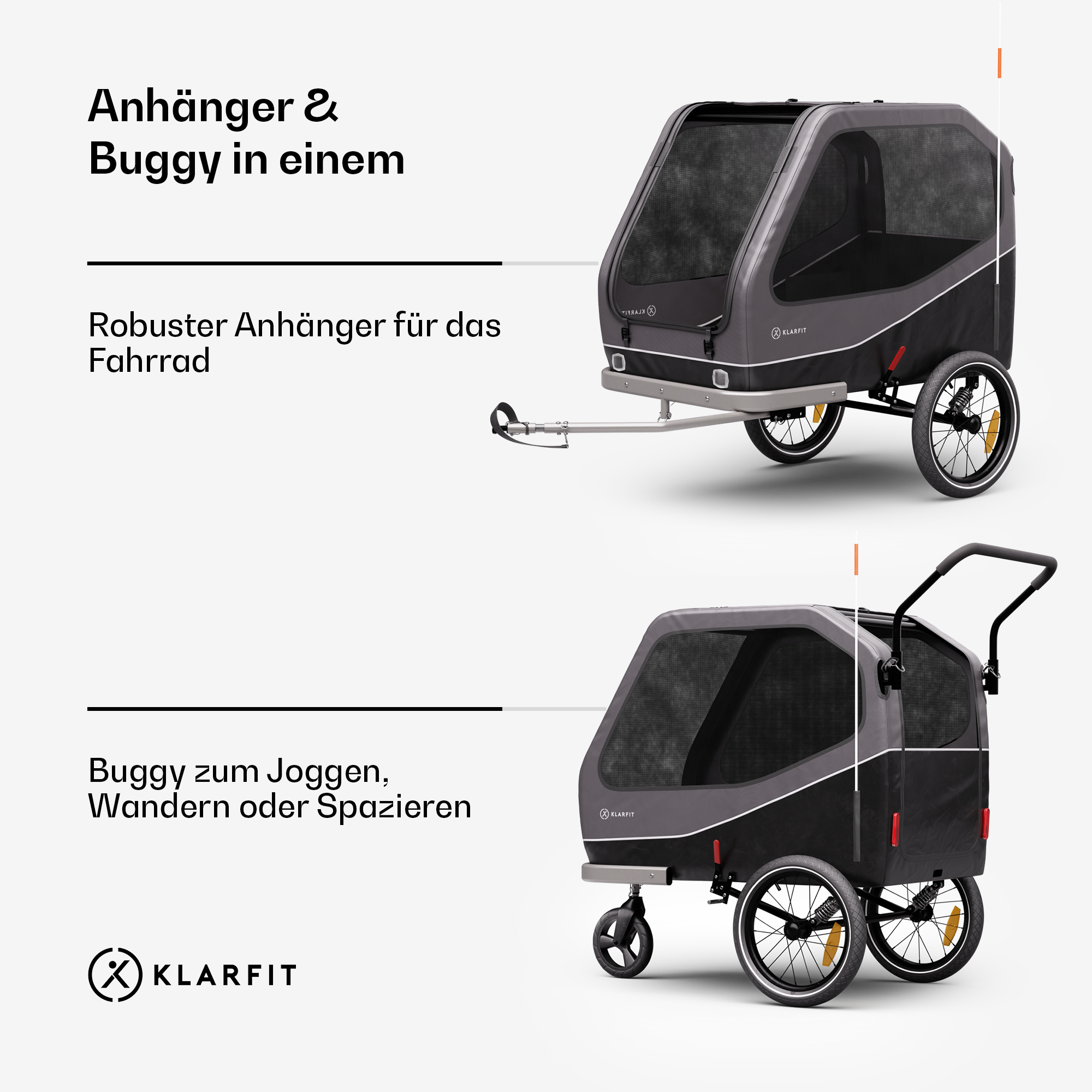Zwei Optionen eines grauen Tieranhängers und Buggys. Weißer Hintergrund.