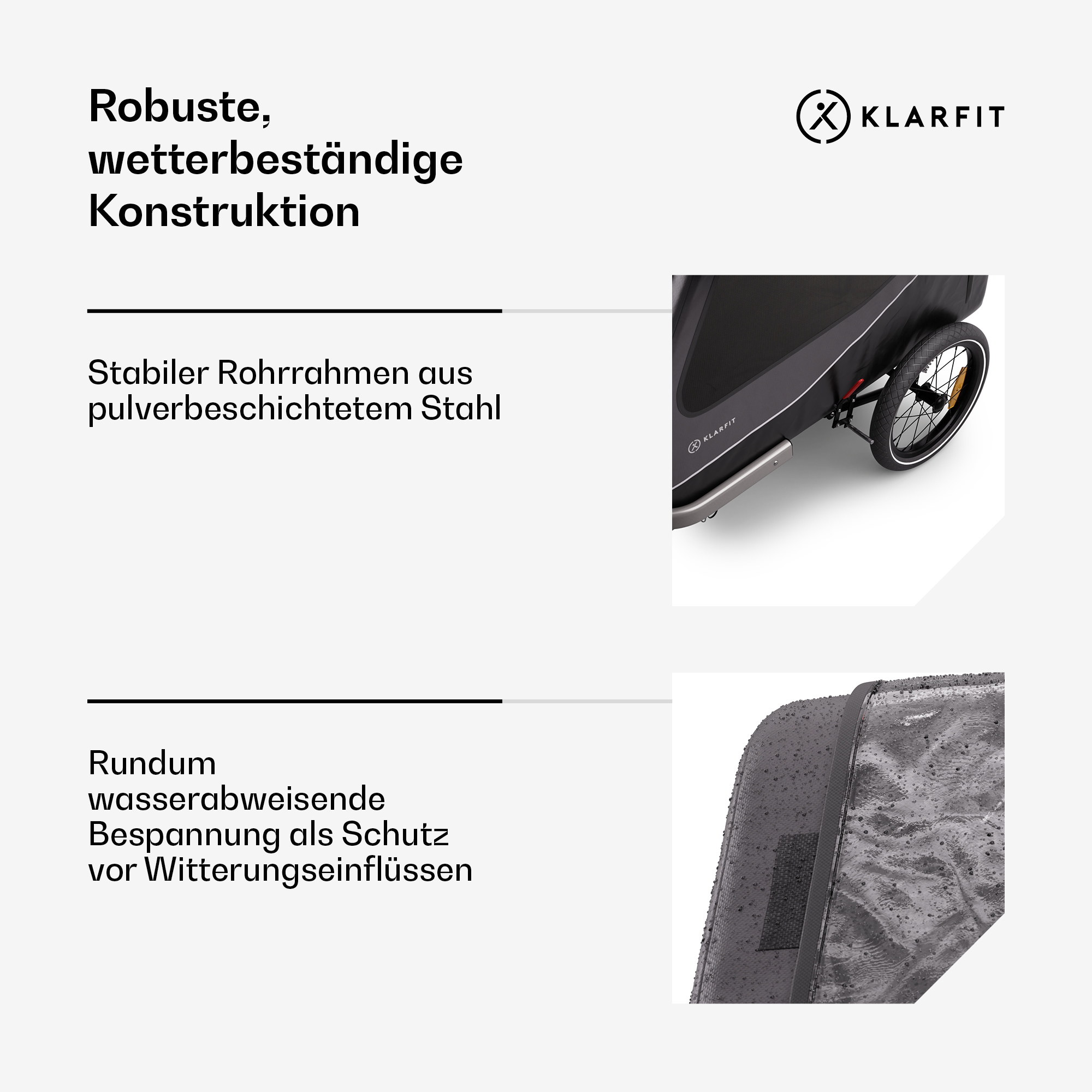 Schwarz-grauer Fahrradanhänger mit Text, der die robuste, wetterbeständige Konstruktion beschreibt.